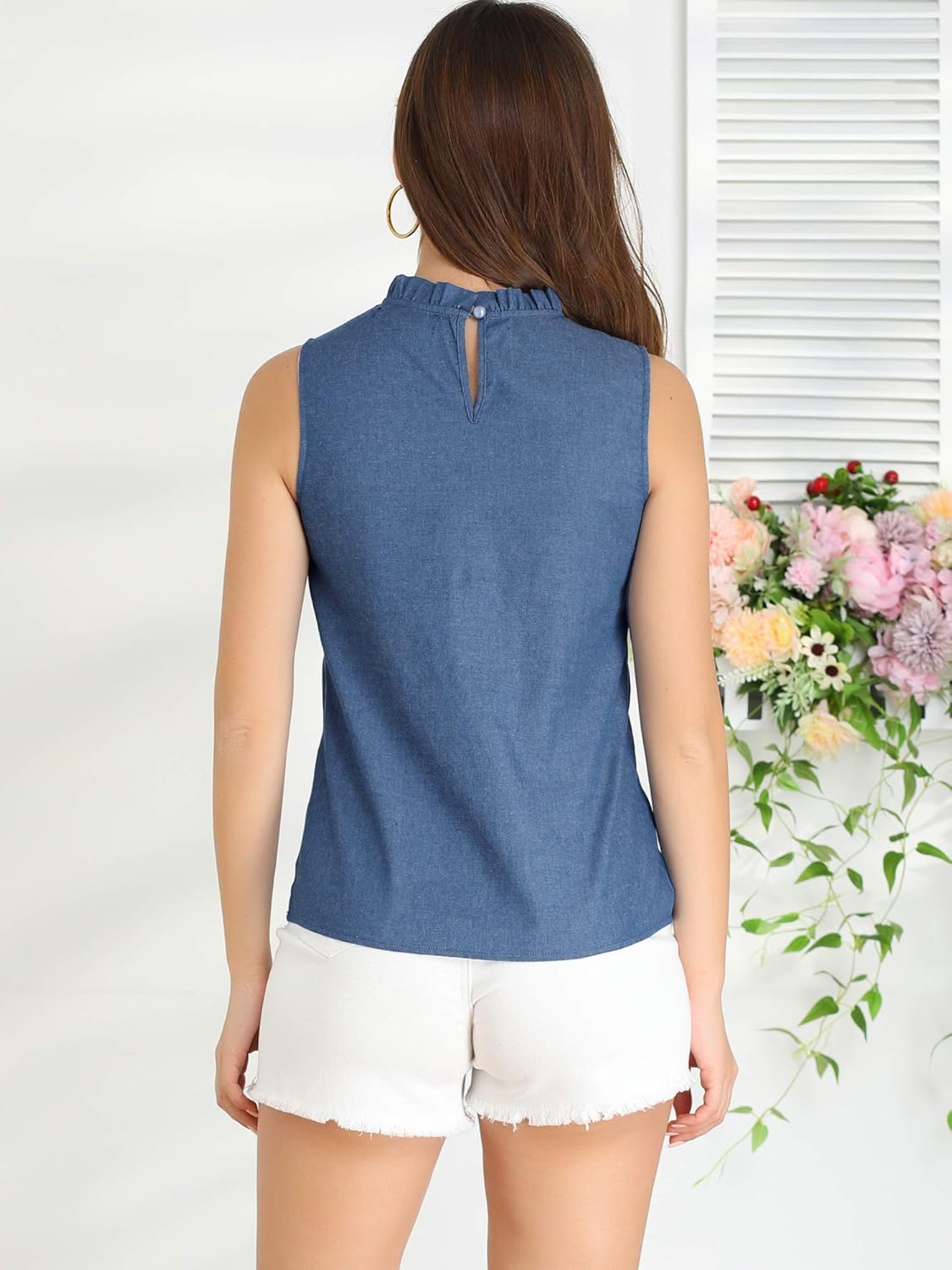 Allegra K Women's Denim Sleeveless Top Frill Mock Neck Ruffle Chambray Blouse - Image 5