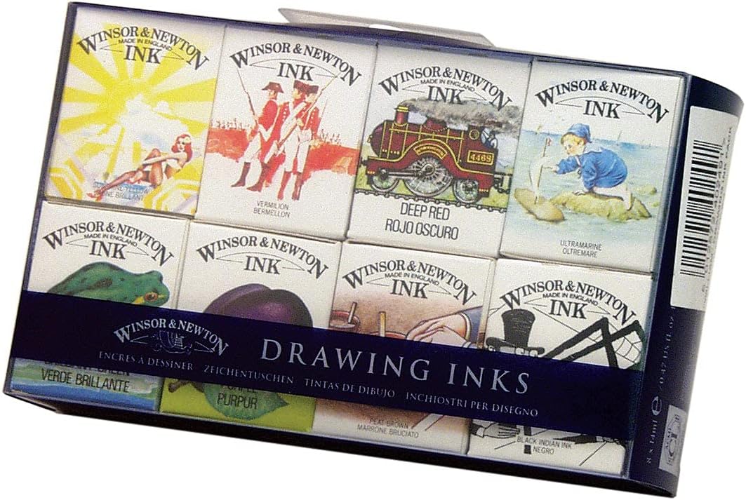 Winsor & Newton Collection Drawing Ink Set, Set of 8, William Collection,Black,green,purple,yellow