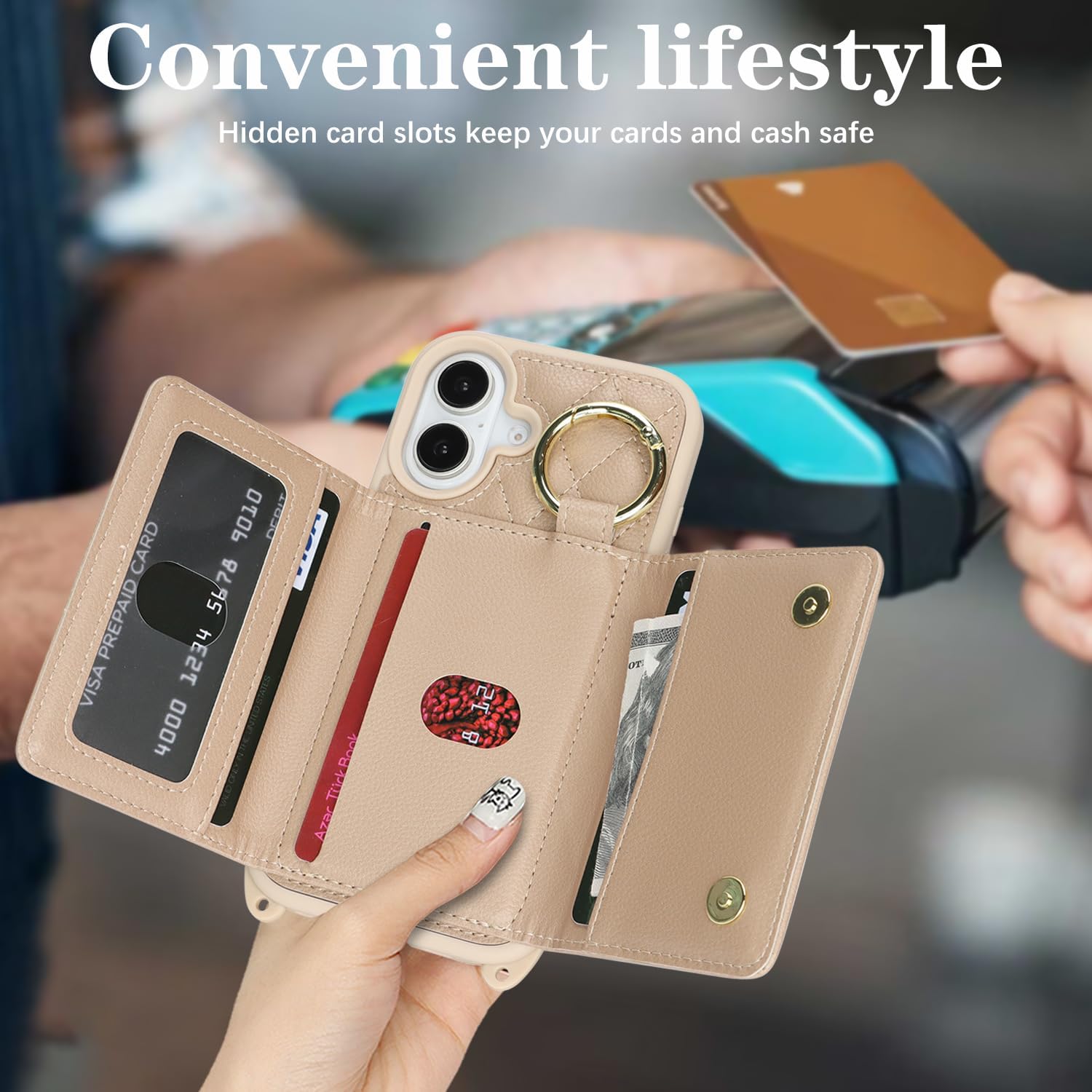 for iPhone 17 Case with Card Holder and Strap for Women,Crossbody Lanyard, Make Up Mirror,Ring Stand,Snap Clasp,Cute Phone Wallet Cases 6.3 inch - Off-White