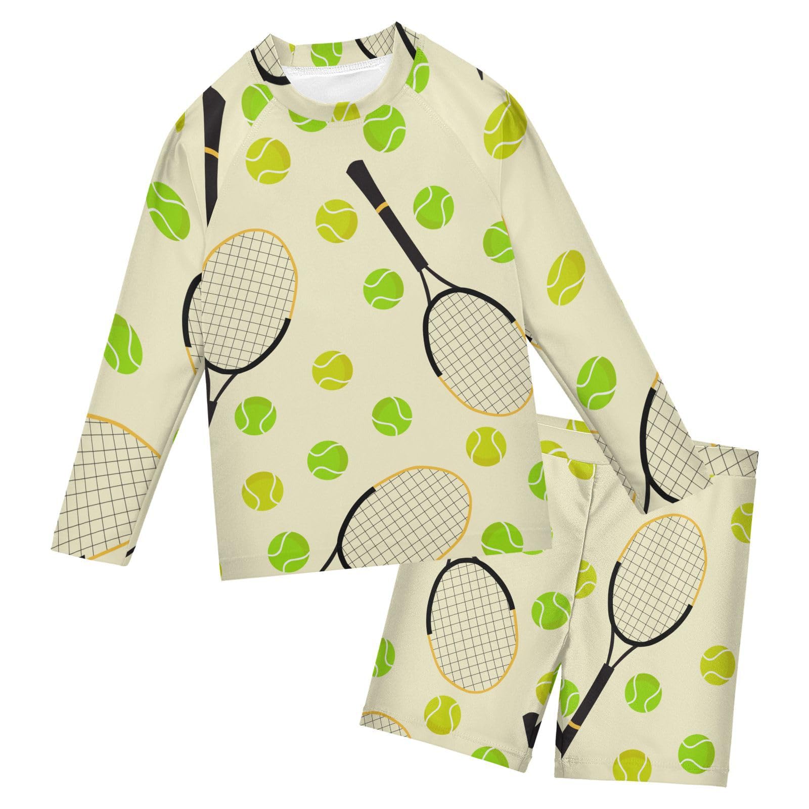 Aflyko Boys 2-Piece Swimwear Tennis Ball Cute Rashguard Set Swim Trunks with Shirt Soft Fabric Board Shorts Comfy for Everyday Swimmer, 5-6T Multicoloured