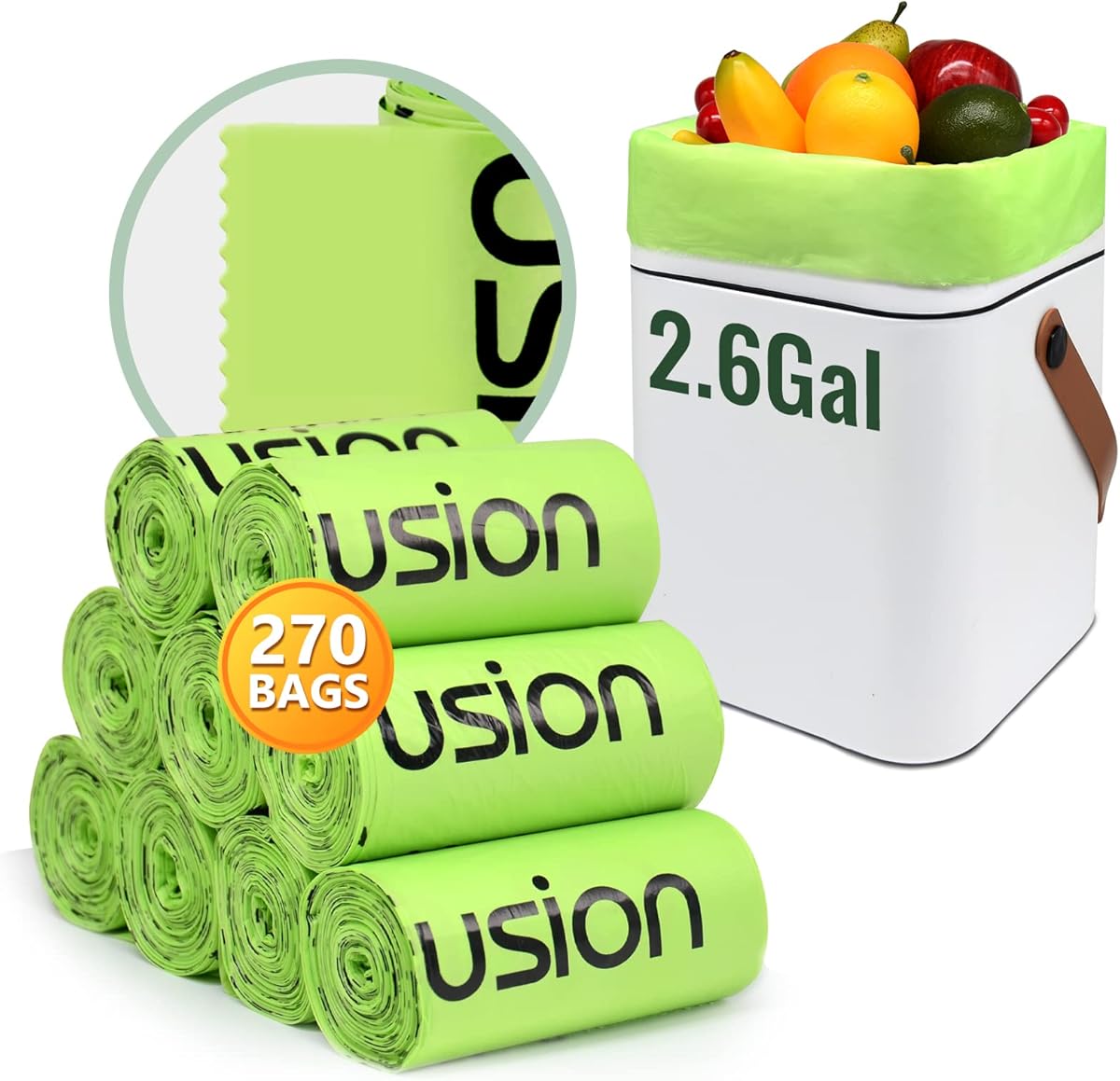 GreFusion Compostable Trash Bags,Small trash bags,2.6 Gallon,Super Thick 0.72 mils,270 count,Compost bags for Food Scrap Waste, Eco Friendly for Kitchen compost bin ASTM D6400, US BPI and Europe OK Compost.