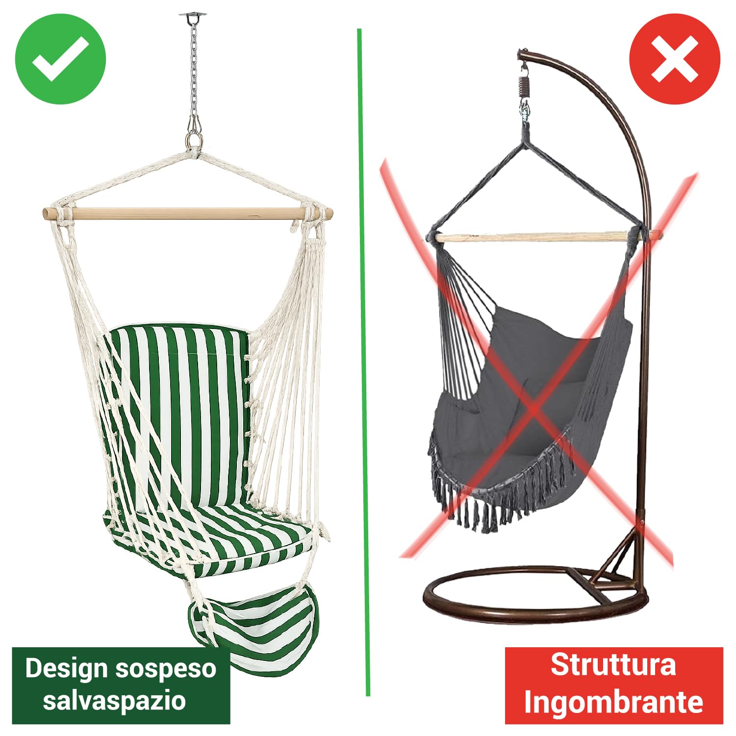 Crisalide® - Amaca a Poltrona da Giardino con Poggiapiedi, Sedia Sospesa con Barra in Legno, Copertura in Poliestere, Design Salvaspazio, Ideale per Terrazzo, Balcone e Giardino