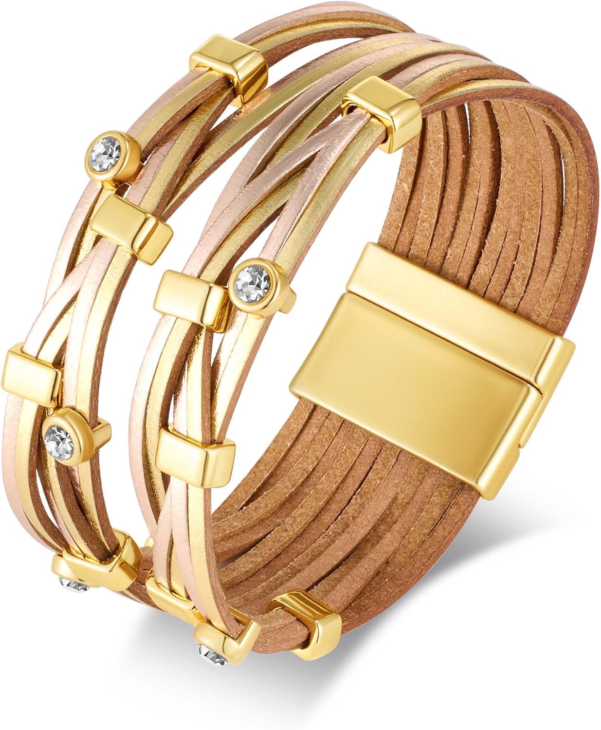 Leather Wrap Bracelets for Women Boho Multi-Layer Crystal Beads Cuff Bracelet Handmade Stackable Leather Braclet Jewelry