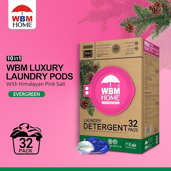 WBM Laundry Detergent Pods - Ultra-Concentrated, Hypoallergenic, Stain-Fighting, Evergreen Scent, 32-Pack, Recyclable Packaging for Eco-Friendly Cleaning