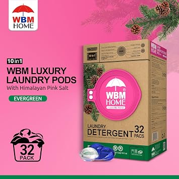 WBM Laundry Detergent Pods - Ultra-Concentrated, Hypoallergenic, Stain-Fighting, Evergreen Scent, 32-Pack, Recyclable Packaging for Eco-Friendly Cleaning