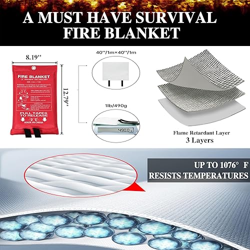 Miniatura 3 de QIREDA Paquete de 2 mantas de emergencia contra incendios, manta de extinción de incendios para cocina y hogar, 40 x 40 pulgadas, manta de fibra de