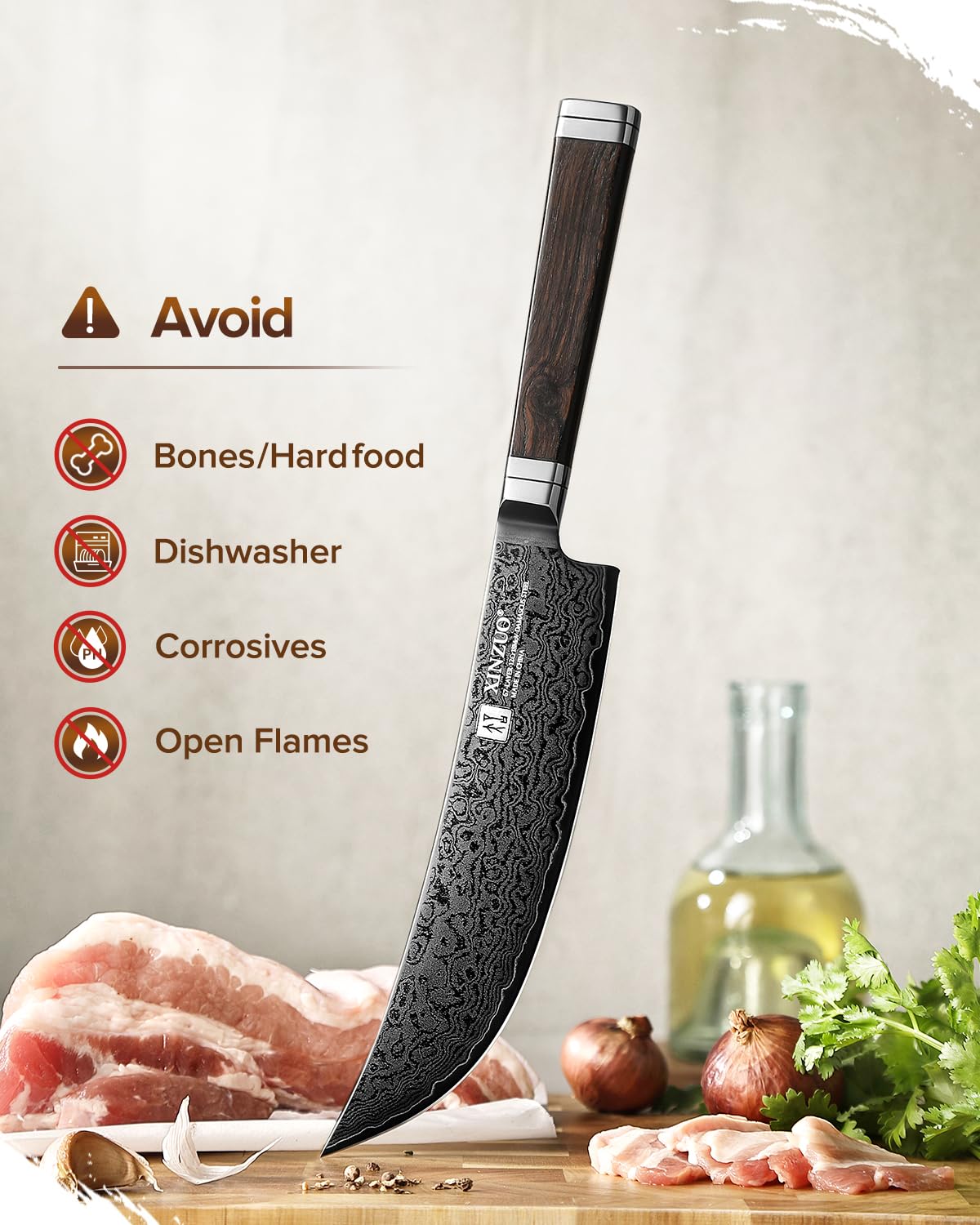 XINZUO Acero de Damasco 19cm Cuchillo de Trinchar de Cocina -Recubrimiento de Titanio Negro -Afilado Forjado Cuchillo Fileteador de Cocinero Profesional -Mango de Madera de Ébano -con Caja de Regalo