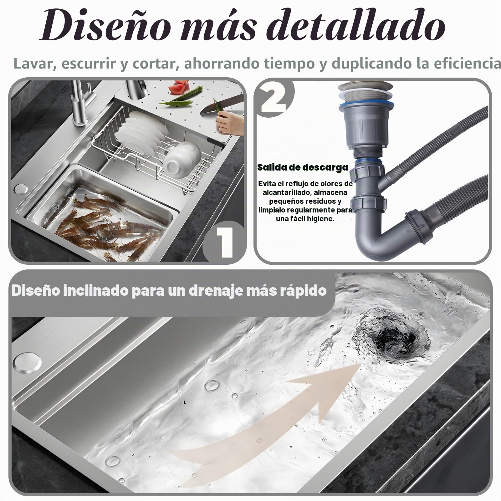 60x50cm Fregadero Cocina 1 Seno, Grande Acero Inoxidable 50cm de ancho Fregadero sobre Encimera, Cuadrado Fregaderos Un Seno con 3 agujeros, Sifón, Dispensador de Jabón y Juego de Desagüe
