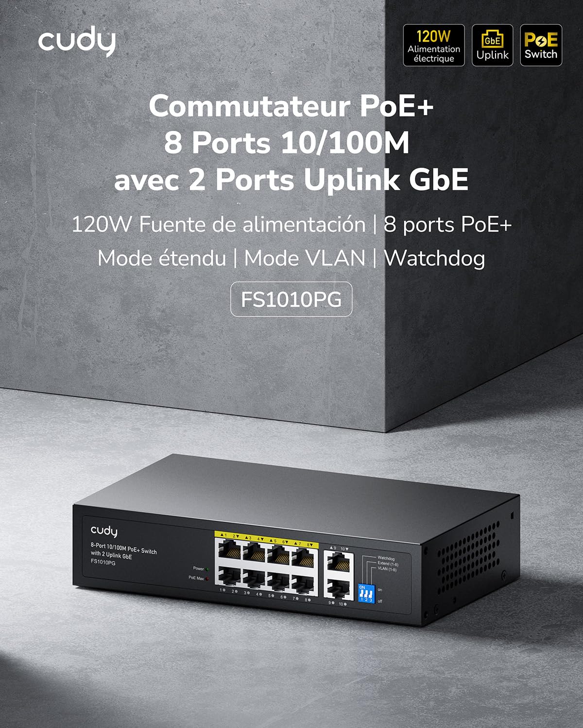 Cudy FS1010PG Commutateur PoE + 8 Ports avec 2 Ports Gigabit Uplink 120W, 8*10/100Mbit/s PoE+ @ 120W, Mode Extend/VLAN, 802.3af / at Standard, sans Ventilateur, Watchdog Plug & Play