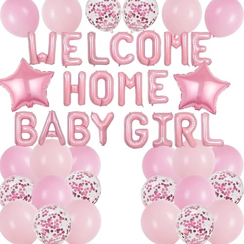 Welcome Home Baby Girl Decorations - 44 Pcs Baby Shower Balloons Pink Letter Banner Sequined Star Balloons for Baby Girl Newborn Birthday Homecoming Theme Party Supplies
