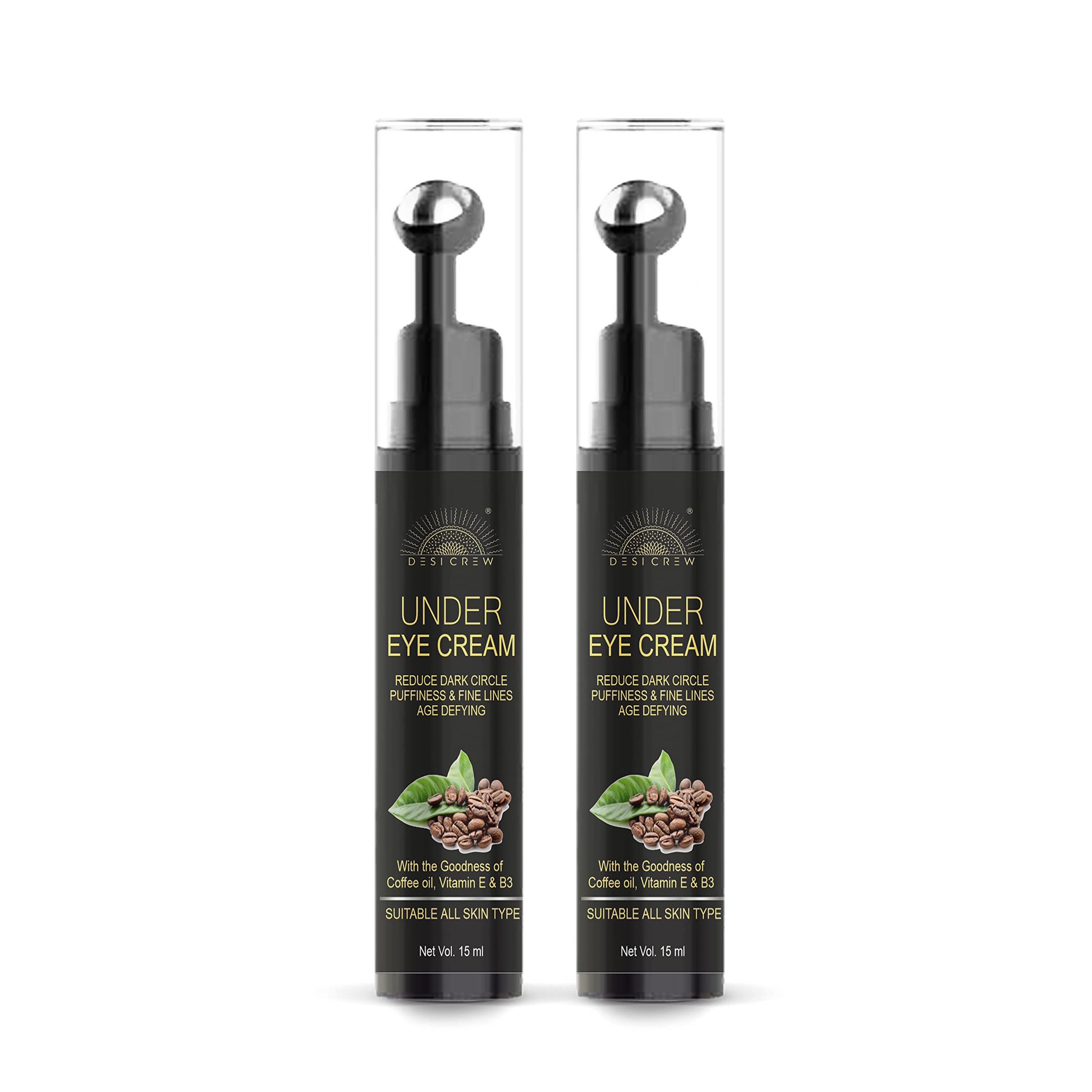 Desi Crew Under Eye Cream Gel for Dark Circles with Vitamin E & Coffee Users Saw Reduced Dark Circles Reduces Puffiness & Fine Lines Cooling Massage Roller (PACK OF 2 ROLLER 30 ML)-image-12