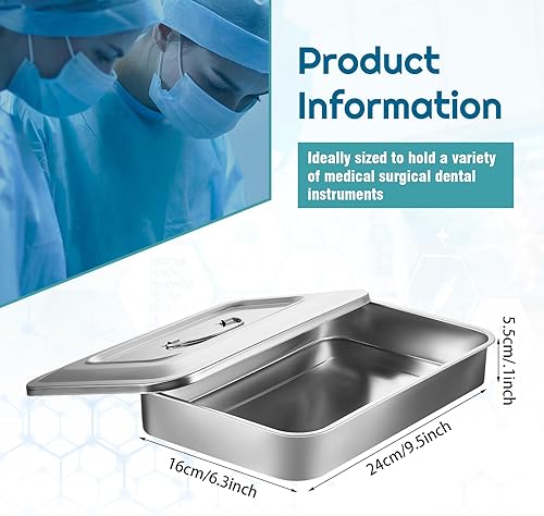 Miniatura 9 de Fabbay 2 bandejas quirúrgicas médicas 201 de acero inoxidable para instrumentos dentales, bandeja organizadora, caja de metal esterilizado con tapa