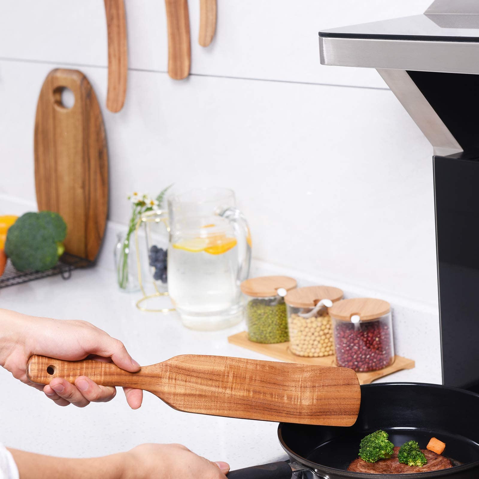 Set 5 Cucchiaini In Legno Di Teak Per Cucina | Utensili Da Cucina Anti Graffio Per Pentole Antiaderenti | Resistenti Al Calore 232°C