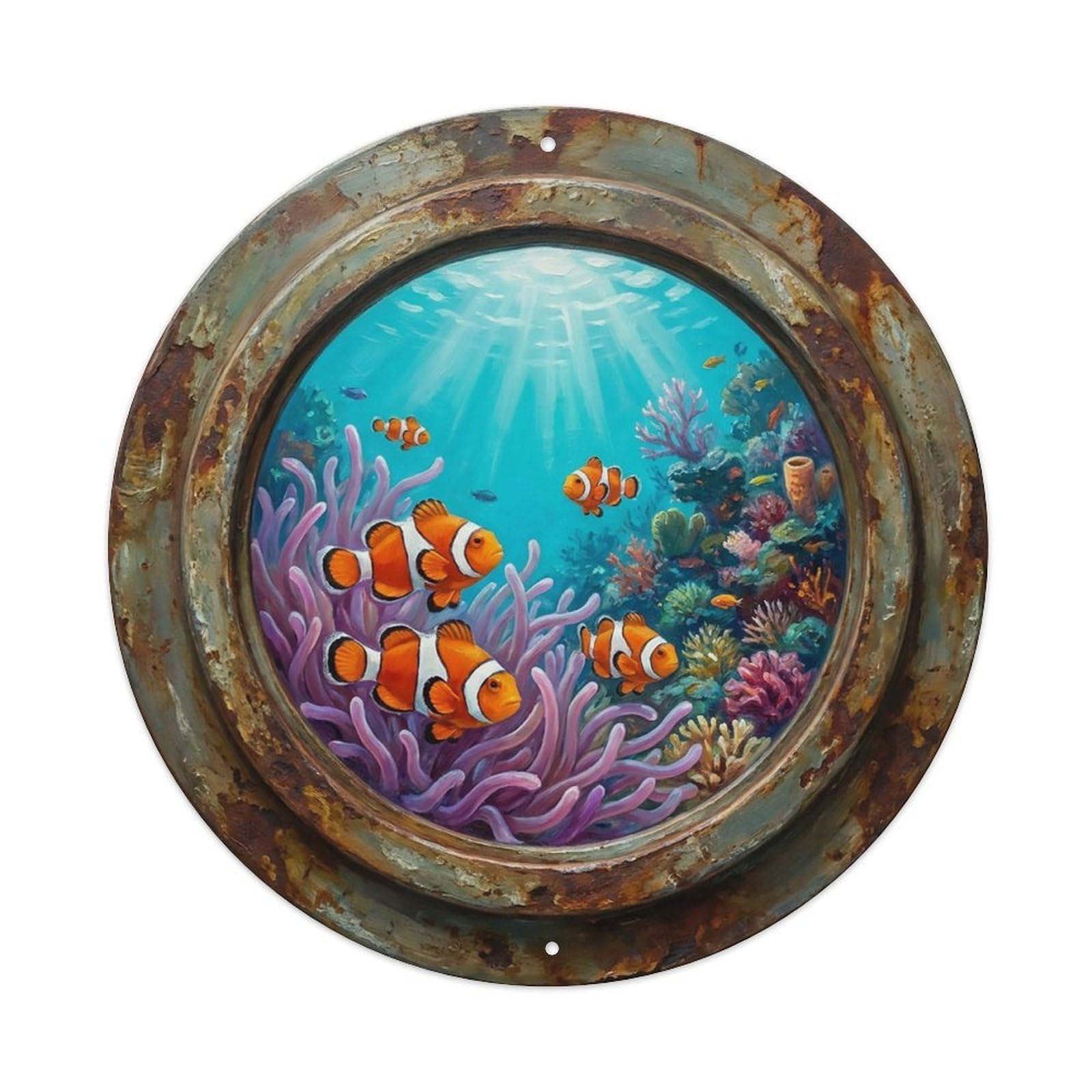Vintage Porthole Clownfish Ship Window Undersea Deep Sea Metal Tin Sign