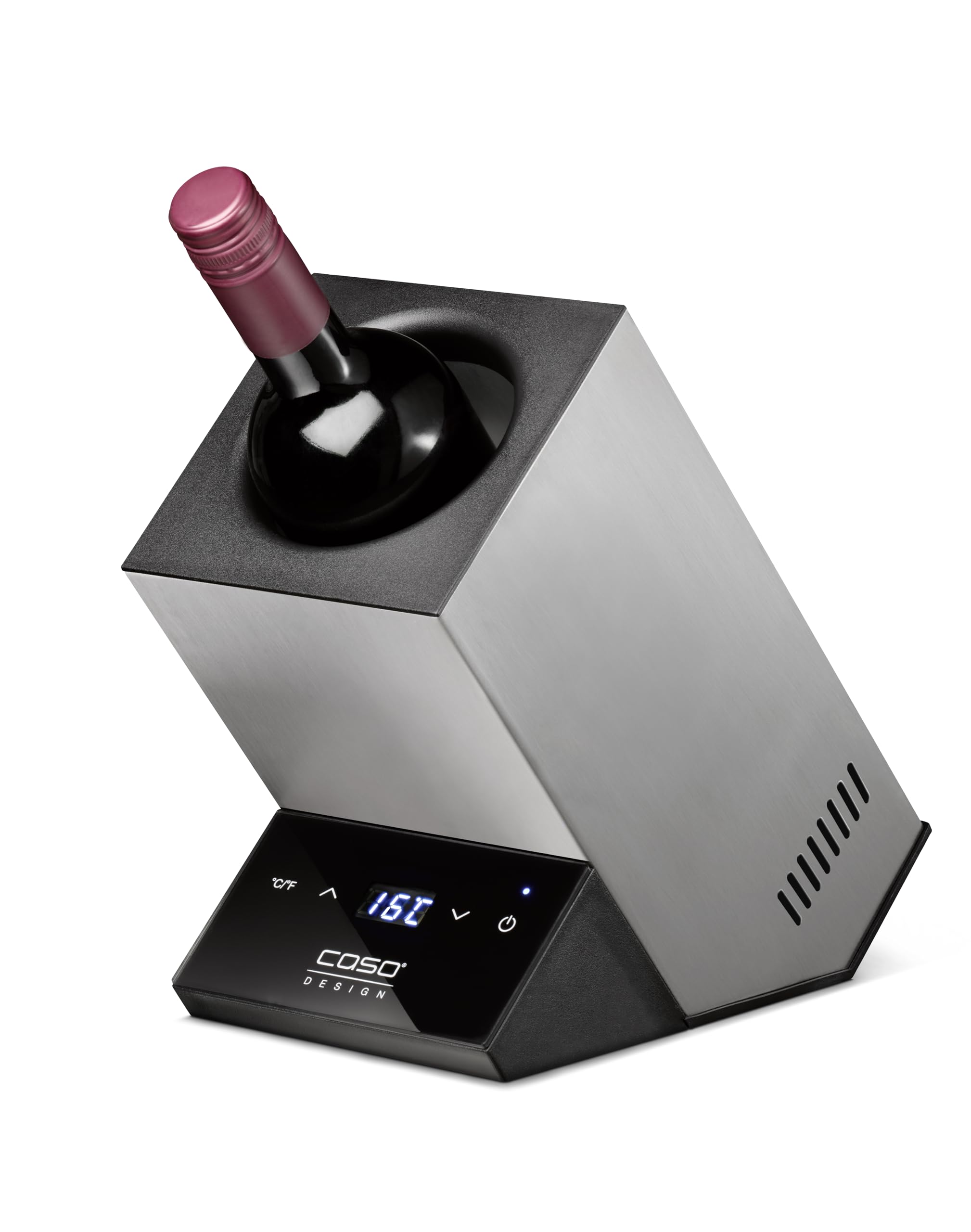 CASO WineCase One Inox - Enfriador de vino para una botella, rango de temperatura de 5 – 18 °C, para botellas de hasta 9 cm de diámetro, control táctil, carcasa de acero inoxidable, tamaño pequeño
