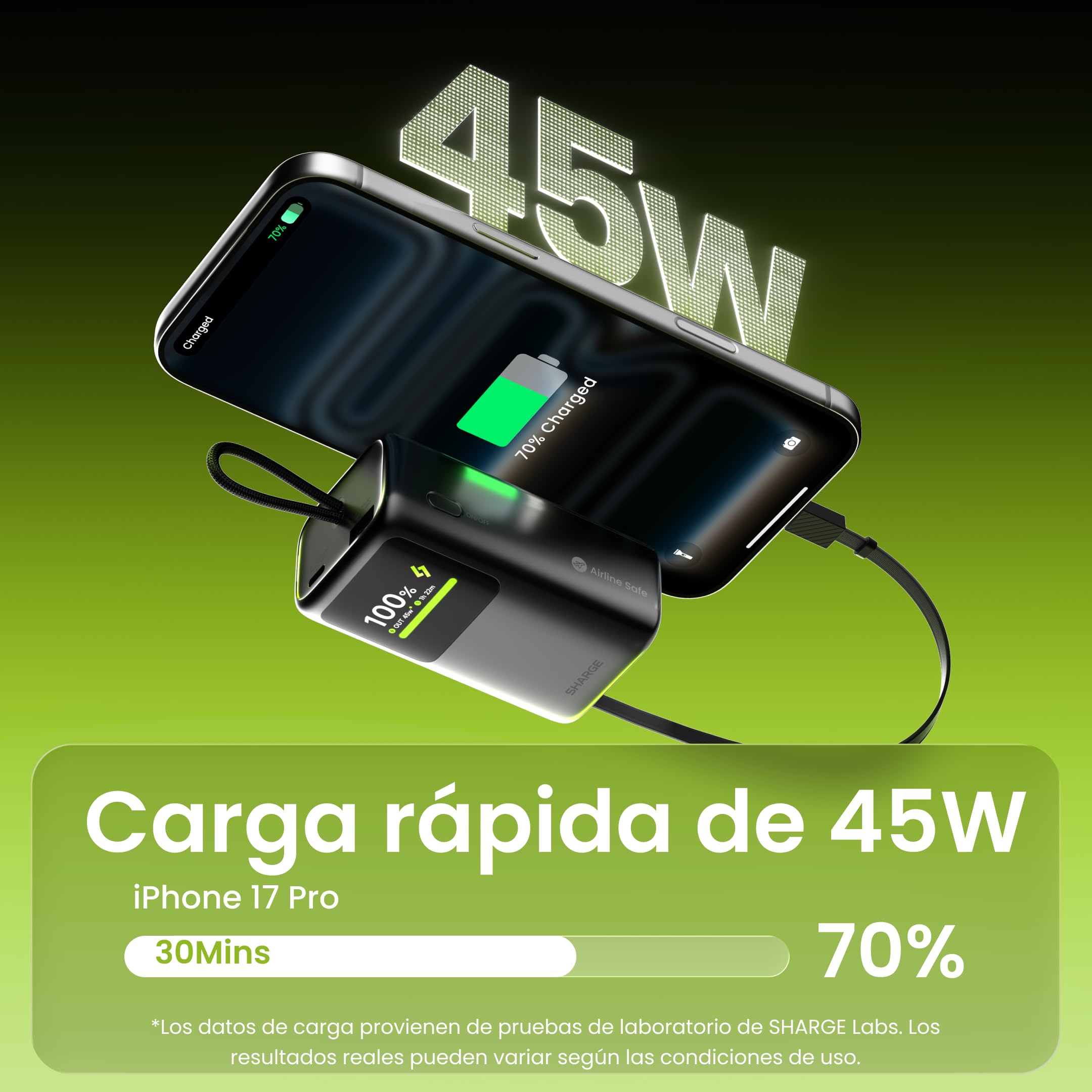sharge 45W Fast Charging Power Bank, batería Externa de 10000mAh con Cable USB-C retráctil Integrado, Pantalla Inteligente y Carga rápida de 45W para iPhone 17/16, iPad y MacBook Air.