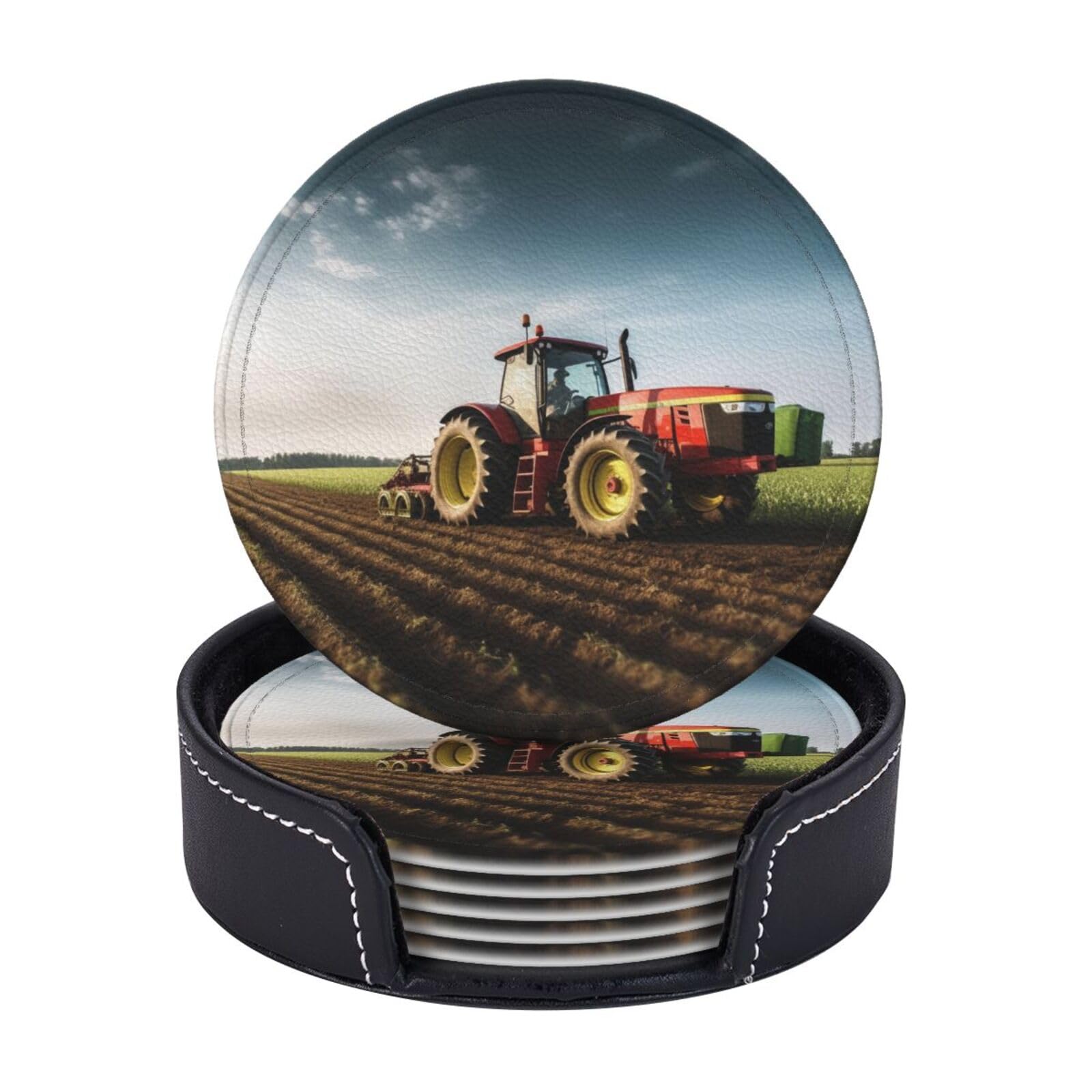 Round Coasters for Drinks Set of 6 - PU Leather Coasters with Holder - Modern Drink Coasters for Coffee Table - Tractor Farm Coaster for Tabletop Protection 4" Cup Mat Pad