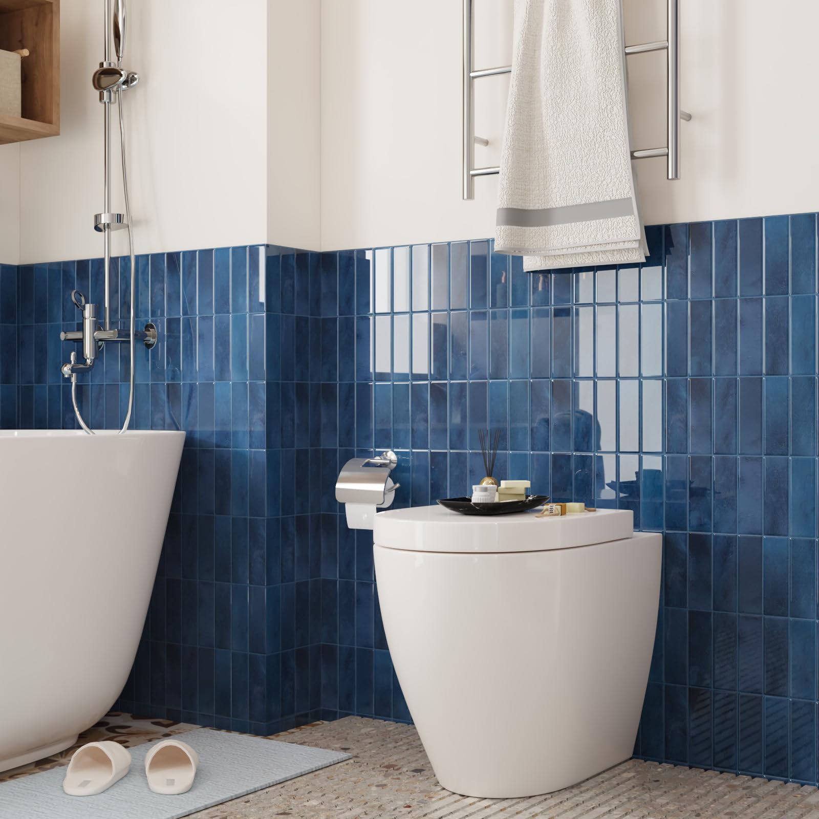 CRE8TIVE Carrelage Adhesif Mural Cuisine 16 Pièces Credence Adhesive pour Cuisine Bleu Foncé Marbre Carrelage Rectangulaire Carreaux Adhesif Salle de Bain Imperméable Buanderie Cheminee 30.5 x 30.5cm