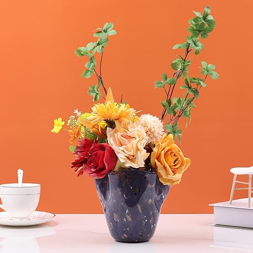 Miniatura 4 de Jarrón decorativo de vidrio soplado a mano, jarrón de pétalos de boca ancha morado, diseño de arte moderno, jarrón decorativo para decoración del