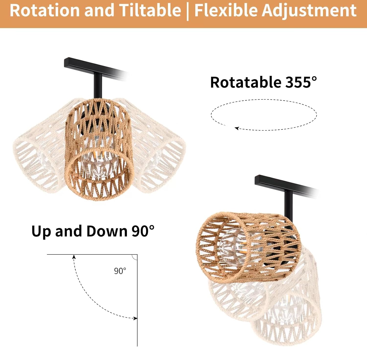 3-Light Rattan Ceiling Lighting Kits Track Lighting Fixture with Boho Farmhouse Style, Modern Bathroom Light Fixtures Black Spotlight and Rattan Shades for Kitchen Bathroom Living Room Hallway