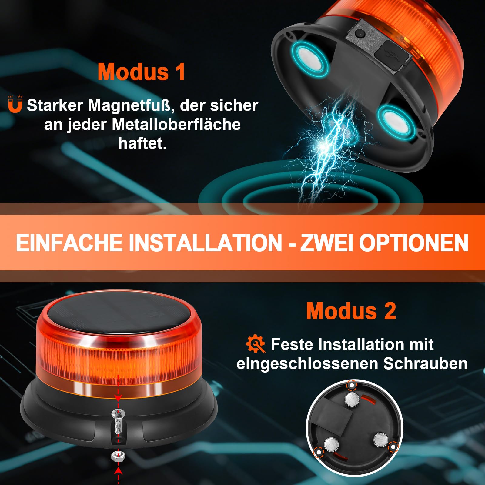 AnTom Rundumleuchte Akku Solarenergie mit 9 Blitzmustern, 12V 24V Gelb Warnleuchte LED Magnet mit Kabel und USB-Kabel für Auto, LKW, Traktor, Golfwagen, SUV，Notfallfahrzeuge und Baustellen
