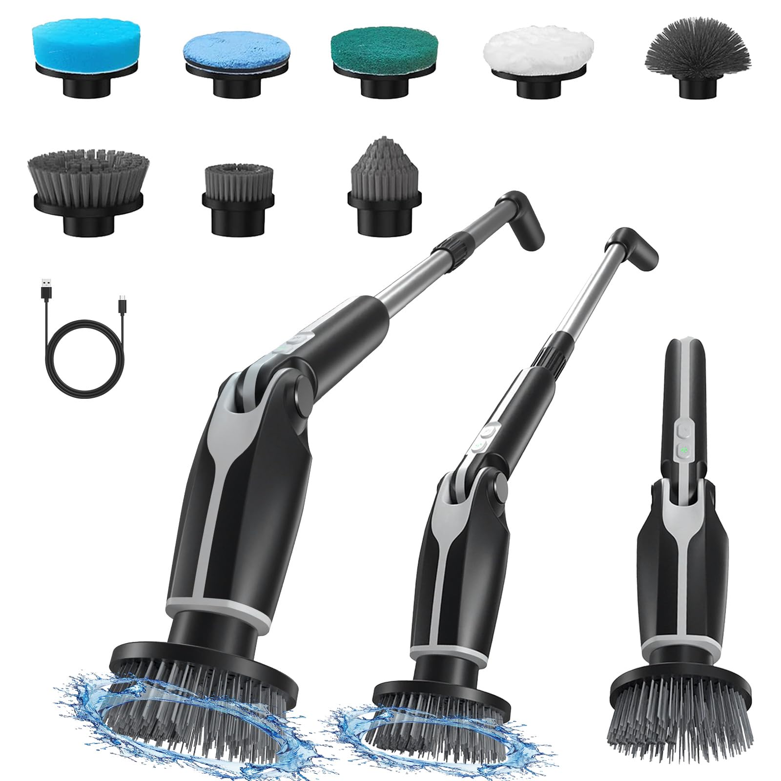 Likai Cepillo giratorio eléctrico, cepillo de ducha con mango largo y 8 cabezales de cepillo reemplazables, potente limpiador para baño, bañera, azulejos, lechada, suelo, cocina, coche, color negro