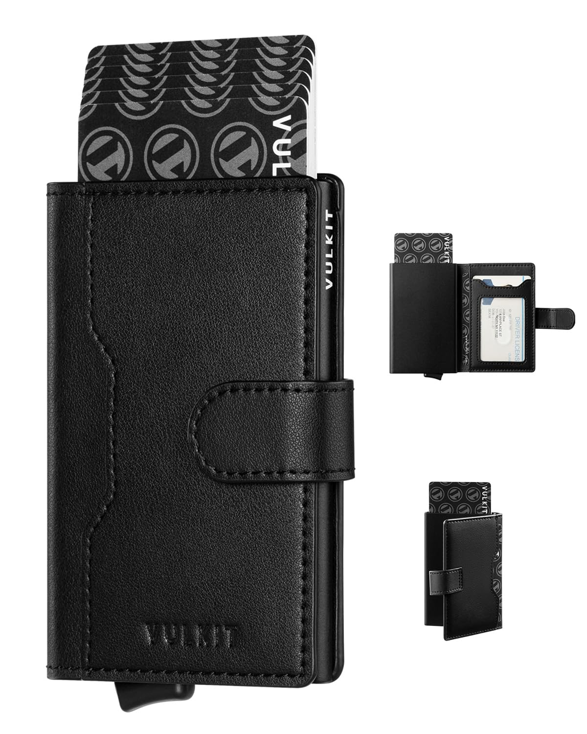 VULKIT Porte Carte Homme RFID avec Magnétique Petit Portefeuille Homme Cuir Porte Carte Bancaire avec 3 Fentes et 1 Fenêtre ID, Noir