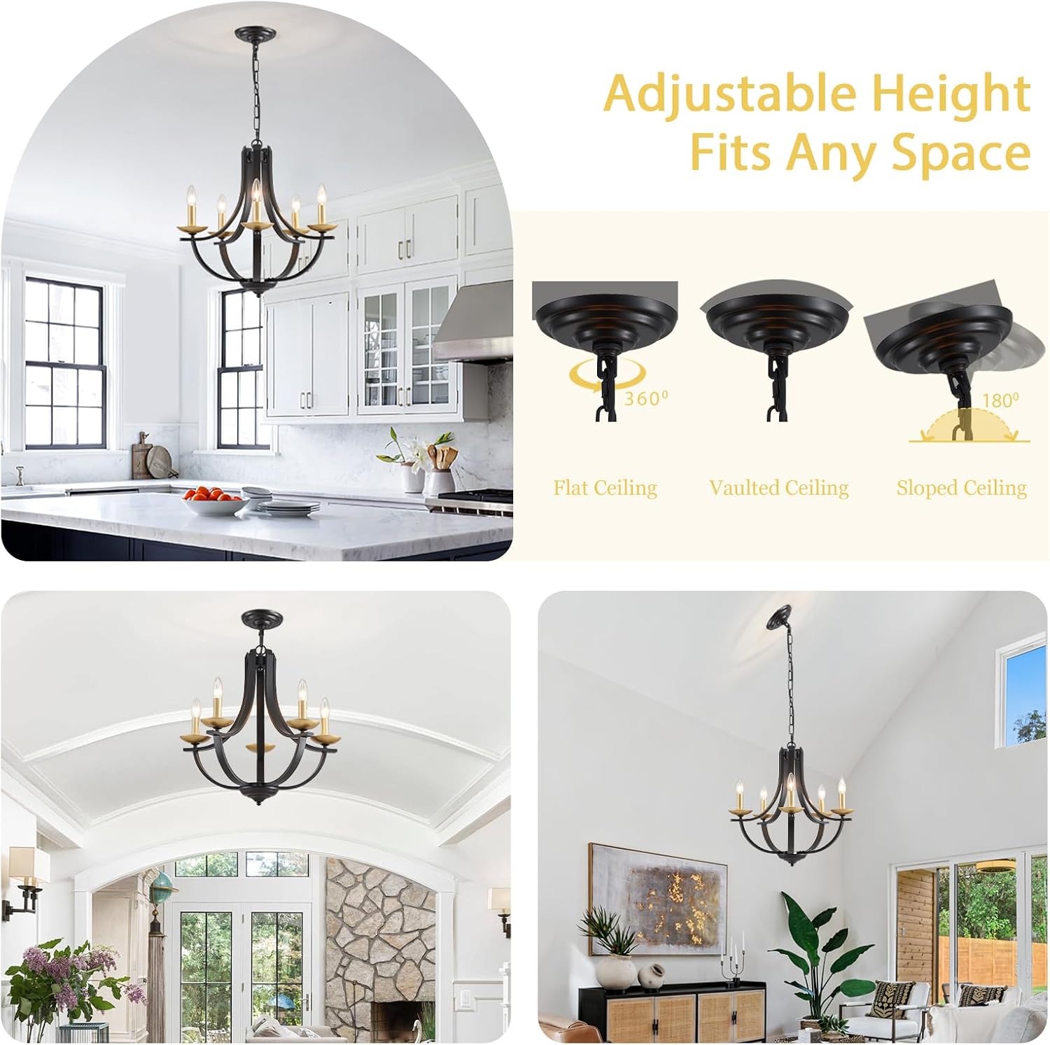 Black Candle Chandeliers 5-Light for Dining Room 21" Modern Farmhouse Pendant Lighting Fixture Rustic Adjustable Height Chandeliers for Hallway Kitchen Island Bedroom Foyer Metal Black Gold