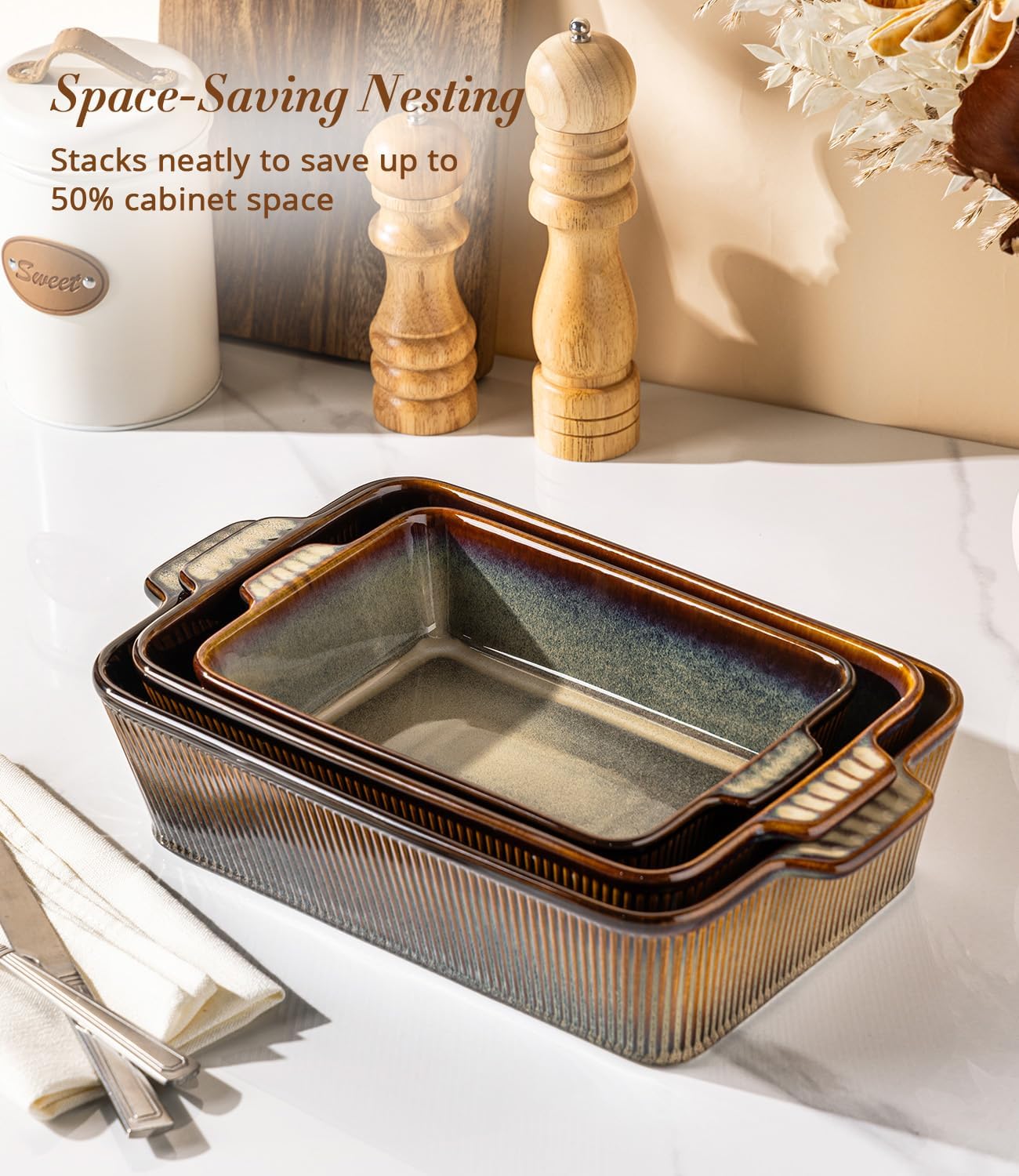TheTerra Casserole Dishes for Oven, Ceramic Baking Dish Set of 3 with Handles, Deep Rectangular Baking Dishes, Reactive Glaze Bakeware Set, Lasagna Pan Set for Baking, 10.7"/13.1"/14.5", Coca Mocha
