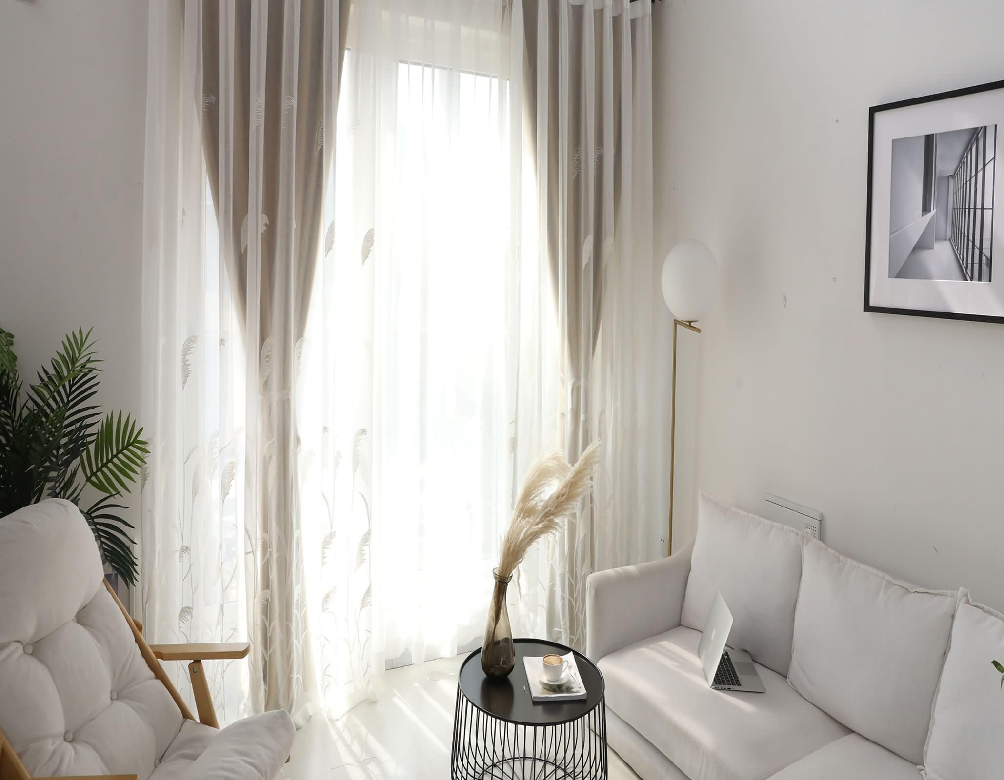 Voile Gardinen Transparent 2er Set,2 x 137W x 183H cm,Vorhänge Wohnzimmer Durchsichtig Weiß Blätter Muster Gardinen für Gardinenhaken