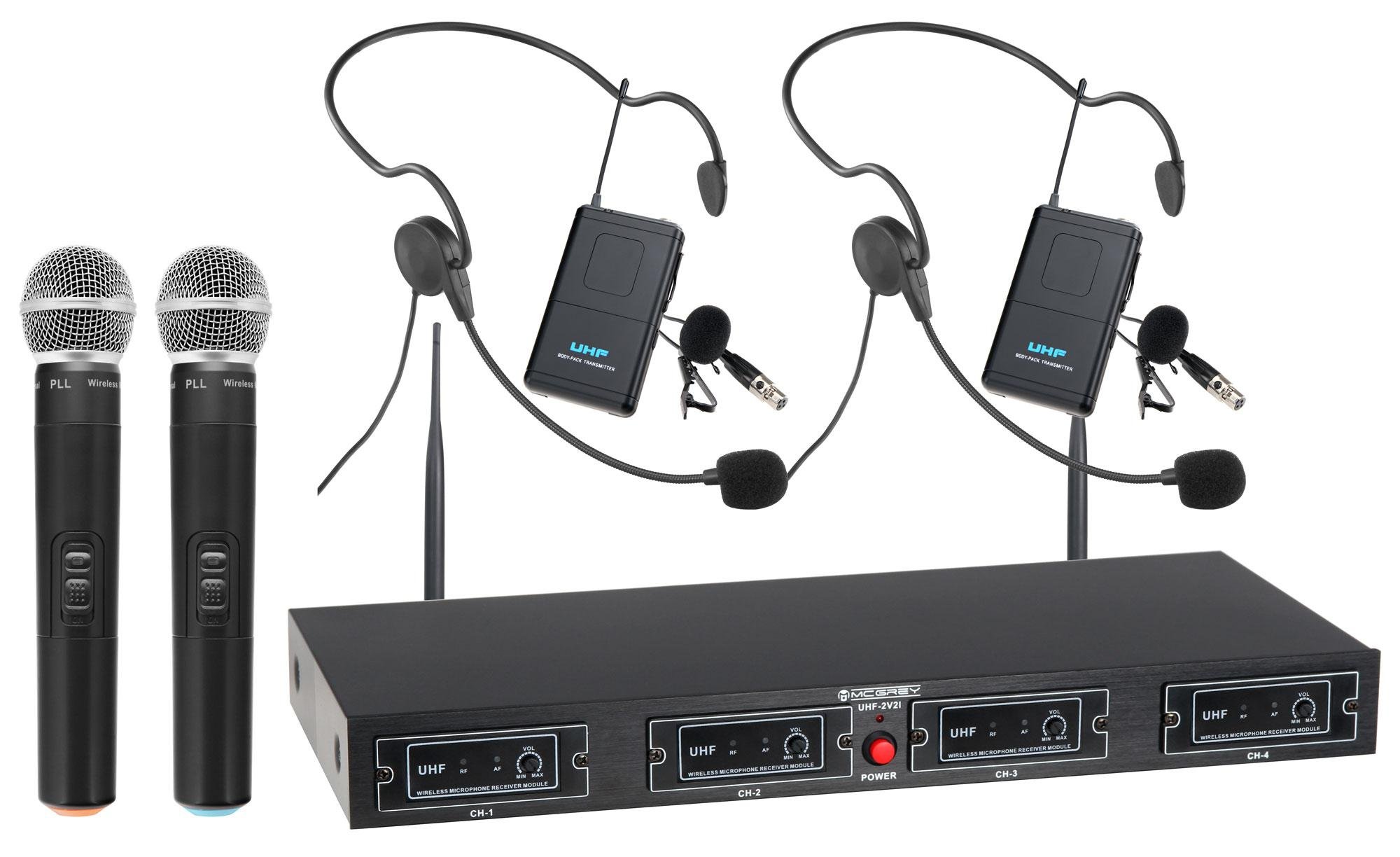 McGrey UHF-2V2H Quad Funkmikrofon Set (4-Kanal UHF-Empfänger, 2 dynamischen Handmikrofone, 2 kompakte Funk-Taschensender mit Gürtelclip, 2 Headsets, Reichweite 50 Meter, Betriebsdauer ca. 8 Stunden)