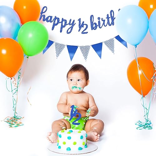 Miniatura 5 de Cartel de 6 meses de feliz cumpleaños, pancarta de feliz cumpleaños 12 con purpurina para decoración de pastel de medio año, pancarta triangular