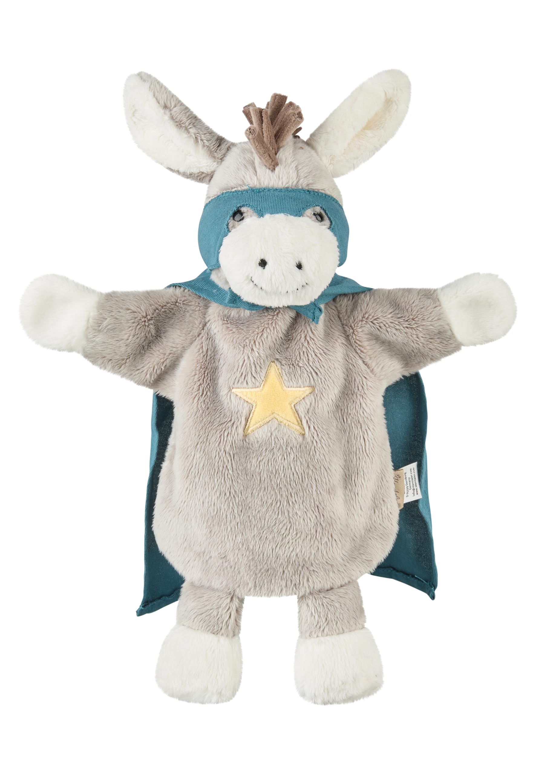 Sterntaler Handpuppe Superheld Emmi aus weichem Flausch, Kinder- und Babyspielzeug, wattierter Kopf, Stickerei auf dem Bauch, Cape und Maske, 34,5 × 27 × 10 cm – grau