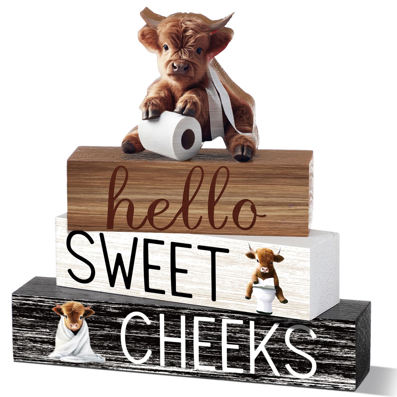 Cinnvoice 4 Pcs Highland Cow Bathroom Decor Farmhouse Bathroom Decoration Western Hello Sweet Cheeks Table Centerpiece Gift for Christmas Valentines Back to Sch