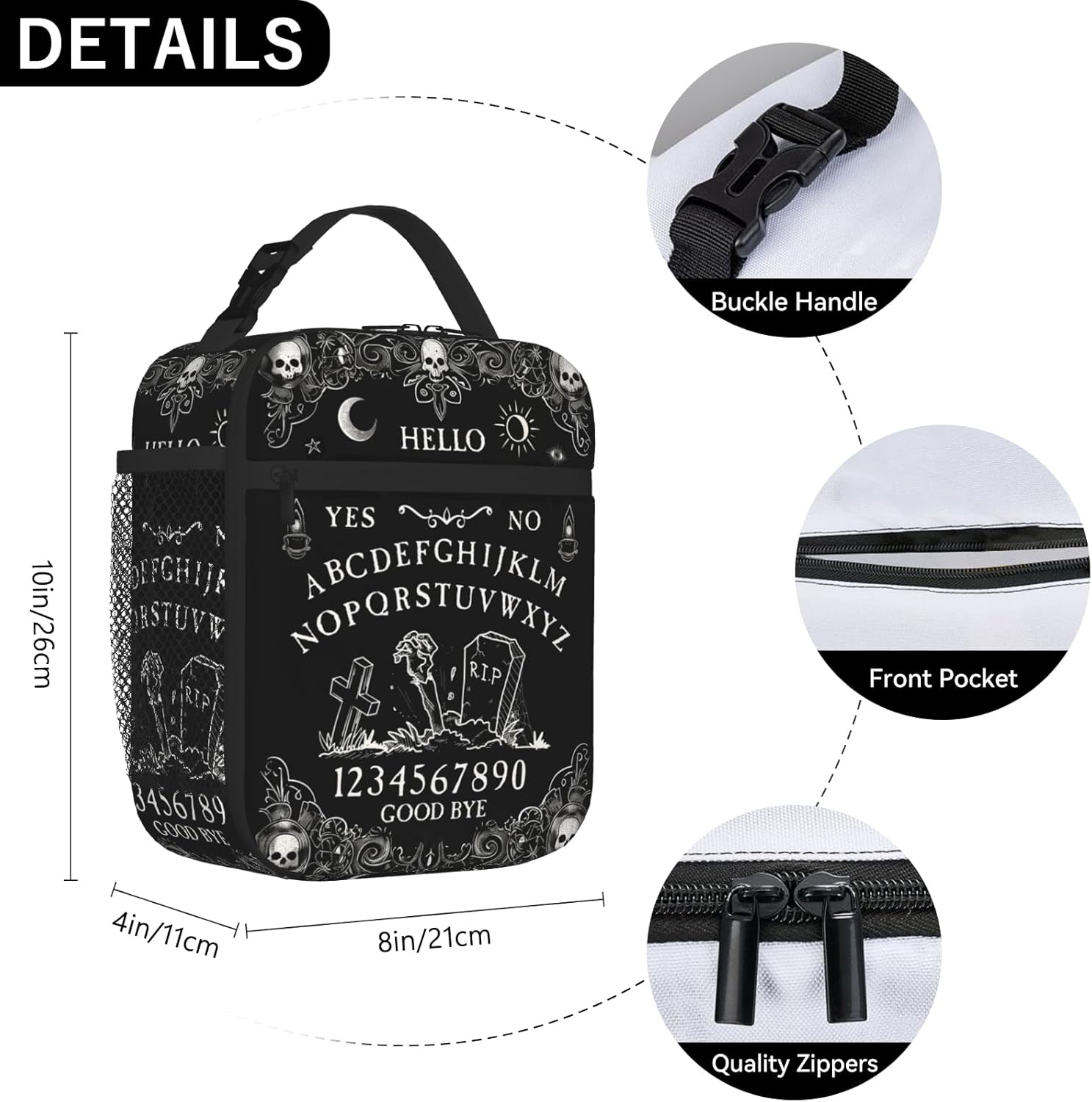 Goth Ouija Board Lunch Box, Gothic Halloween Skull Witchy Horror Lunch Bag for Kids Women Men, Black and White Spooky Insulated Thermal Cooler Lunchbox Meal Tote Bag for School Work - Image 3