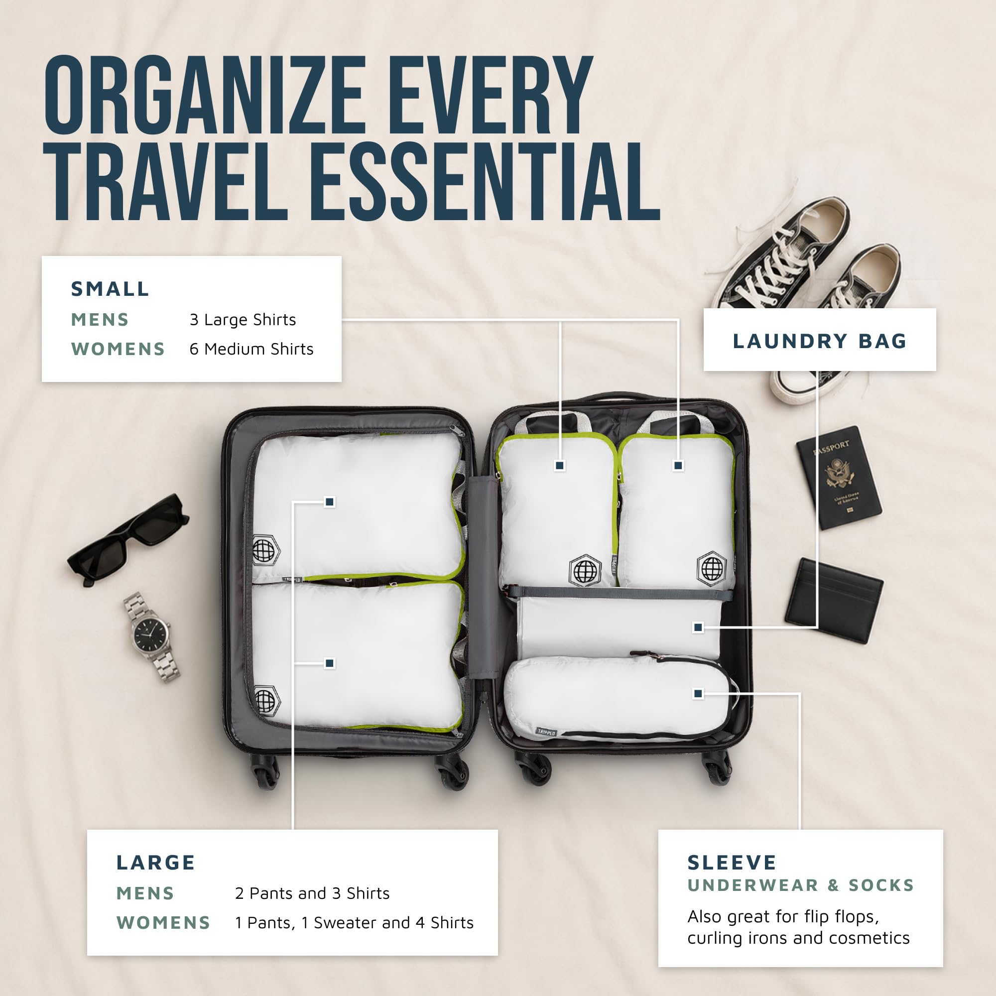 TRIPPED Travel Gear Compresión embalaje cubos 6 Piece Set Carryon equipaje resistente ligero viajes organizador bolsas con cremallera doble (blanco y verde)