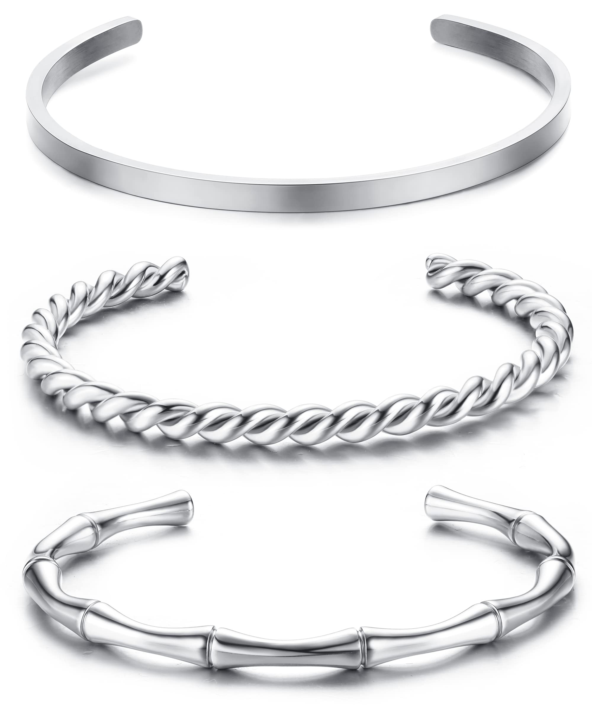 JeweBella3 Piezas Pulsera Brazalete Mujer Plata/Dorado Acero Inoxidable Simple Pulsera Brazalete Abierto Conjunto Apilable Brazalete Pulida Twist Ancho:4MM