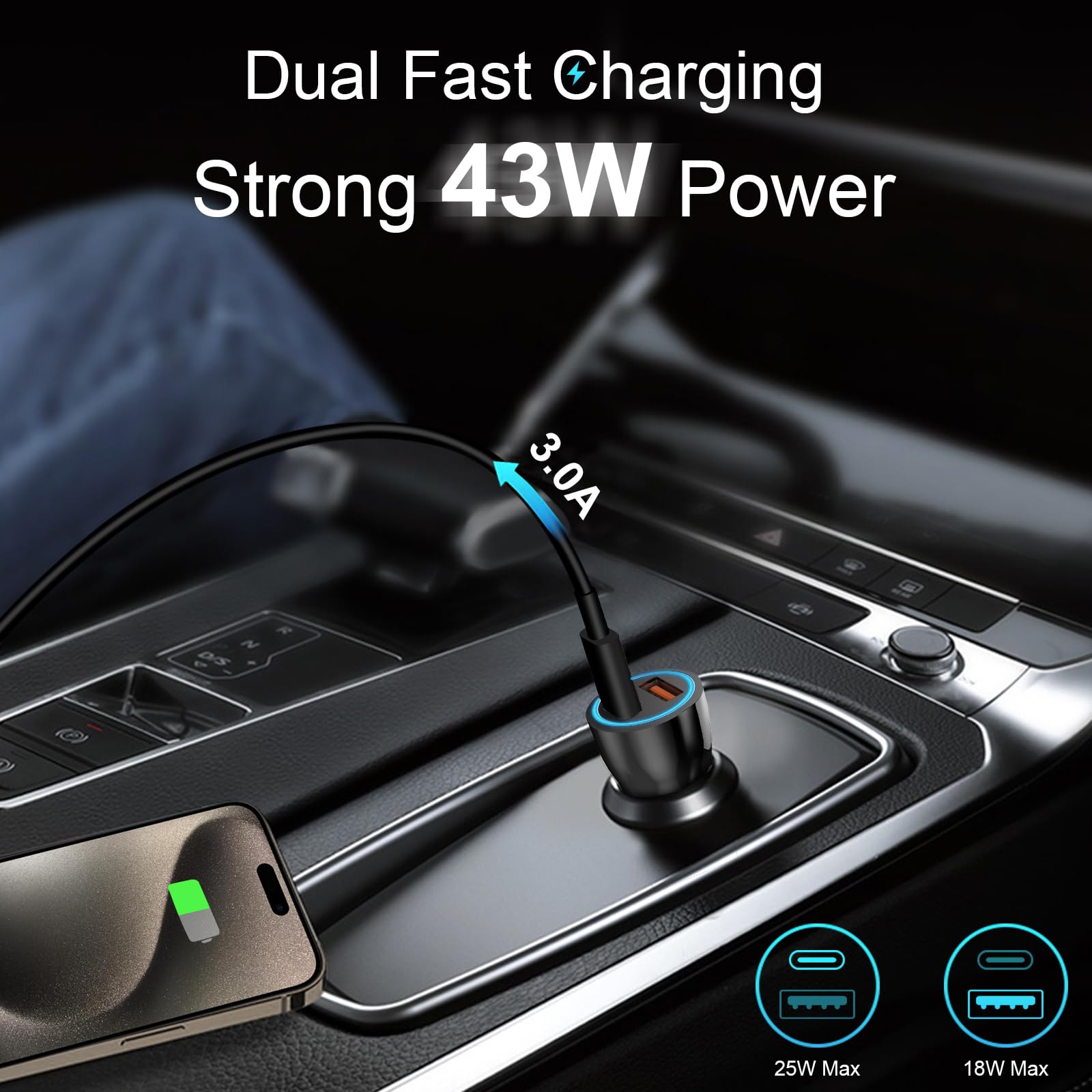 WOCORUO iPhone 17 16 15 Car Charger, [Apple MFi Certified] USB C Car Charger 43W Fast Charging with 3.3 FT Type C to C Cable, USB Car Adapter for iPhone 17/17 Pro/17 Pro Max/Air/16/15 in use