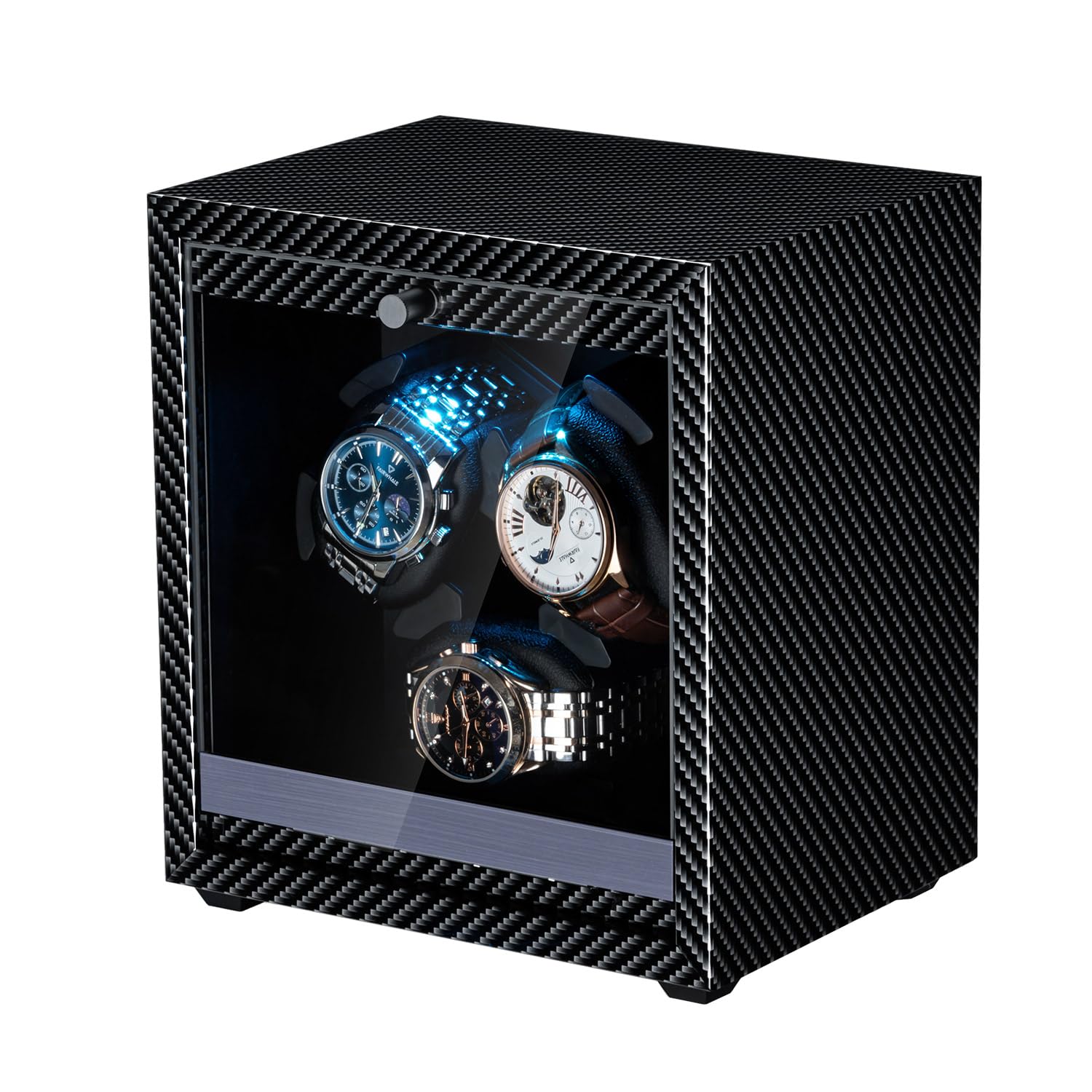 Mcbazel Cajas Giratorias para Relojes con luz LED, Motor Silencioso Watch Winder, Elegante Caja Enrollable Automática para 3 Relojes de hasta 45 mm, 4 Modos de Rotación y Alimentación por USB CC