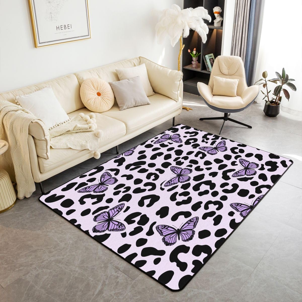 Homewish Fioletowy dywan z nadrukiem w panterkę 100 x 150 cm do sypialni - latające motyle dywany salon motyl gepard nie gubi włosia dywan ogród dzika przyroda duże dywany