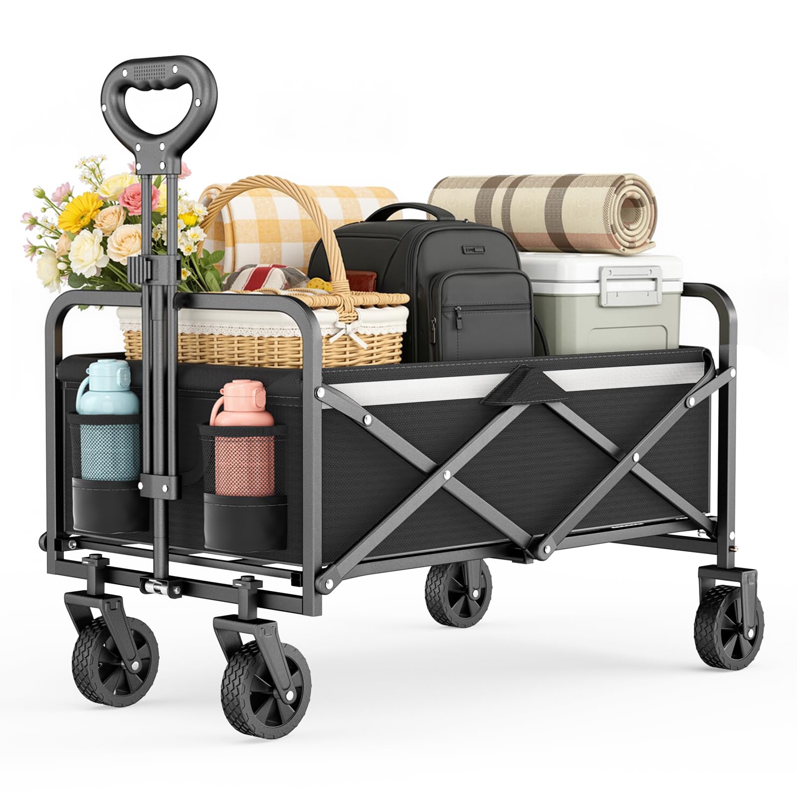 Carrello pieghevole da 70 l, tessuto Oxford 600D, carrello da giardino con ruote, manico regolabile, per campeggio, picnic, spiaggia