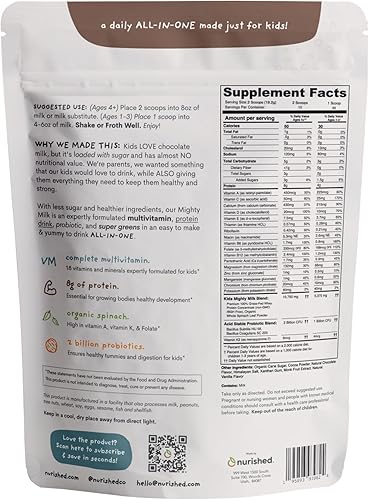 Miniatura 2 de Nurished Mighty Chocolate Milk - Proteína diaria en polvo para niños potenciada con 2 mil millones de probióticos y hojas de espinaca orgánicas,