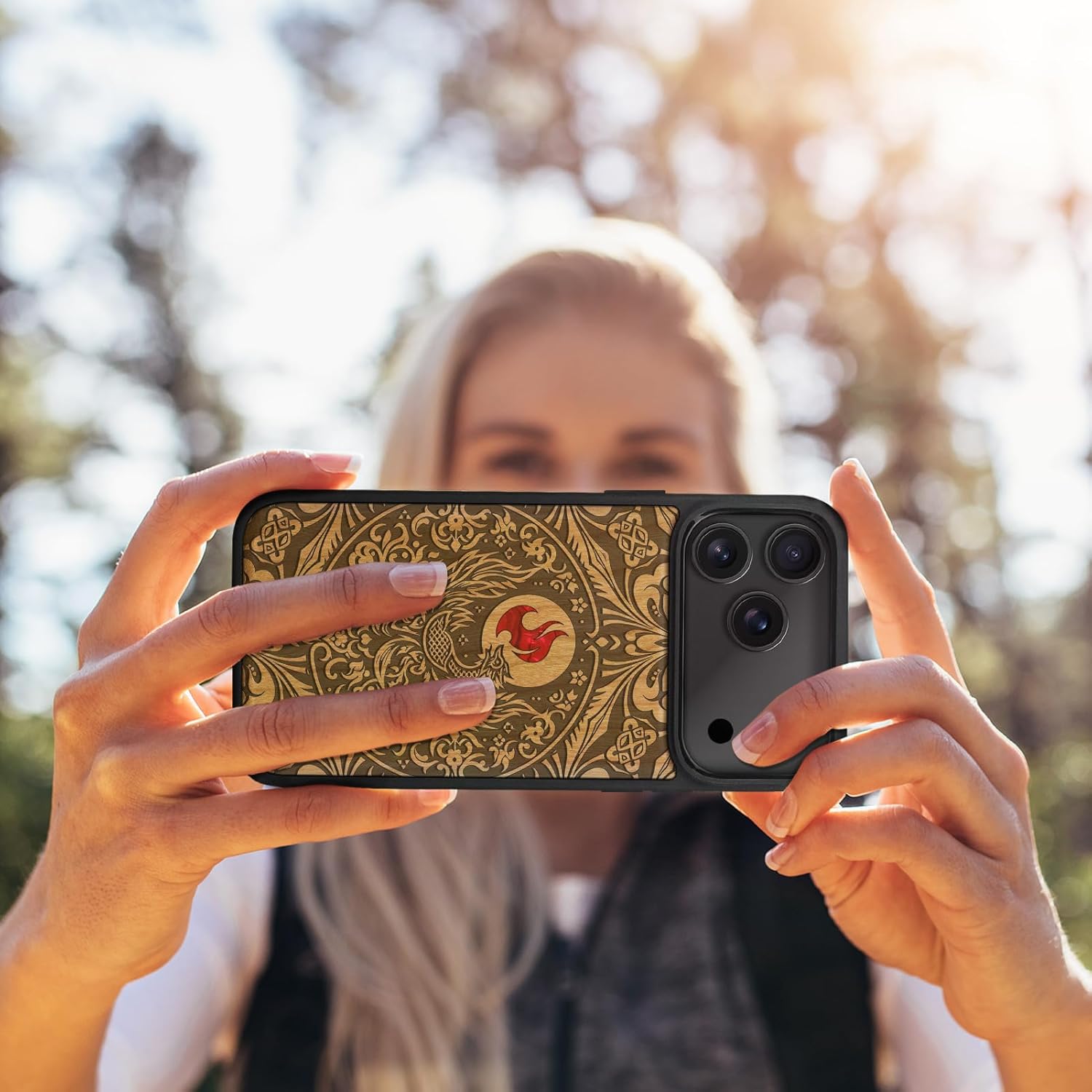 Carveit Magnetic Case for iPhone 17 Pro Case, Wood Artisan Engraved & Handmade Shell Inlaid, TPU Shockproof Cover, Compatible with MagSafe Wireless Chargers (Phoenix in Symmetry-Cherry)