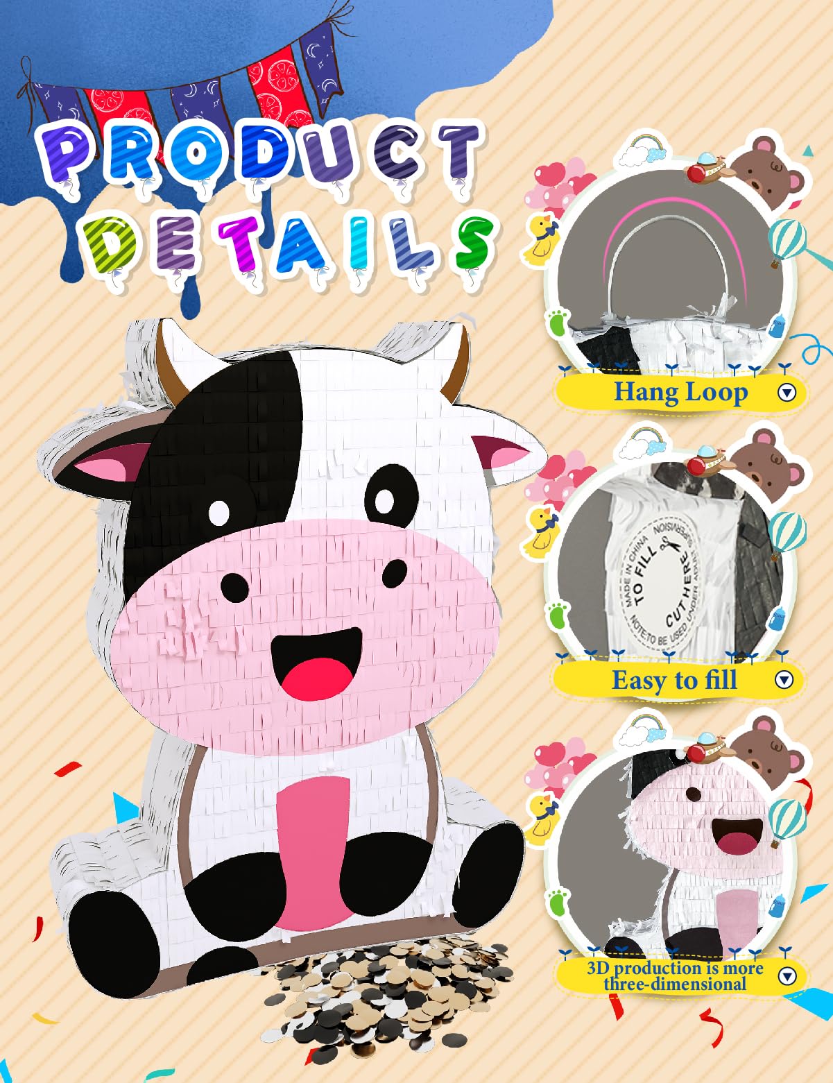 Bonita piñata de vaca para cumpleaños de niñas y niños, piñata de vaca rosa que incluye venda, palo y confeti, decoración perfecta para fiestas temáticas de animales de granja (16 x 13 x 3.5 pulgadas)