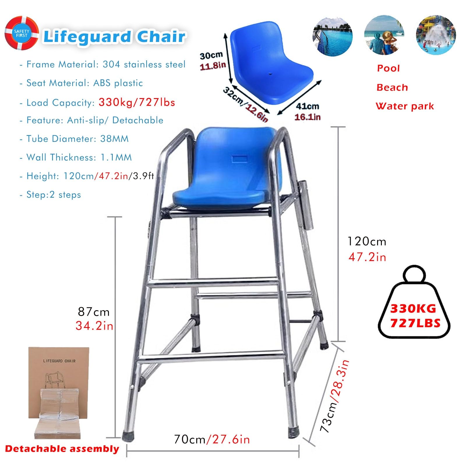Chaise de Sauvetage/Piscine Sauveteur Échelle Chaise De Sauveteur pour Piscine Hors Sol, Chaise De Plage Haute De Style Sauveteur 120 150 180 Cm(H-120cm/47in/3.9ft)