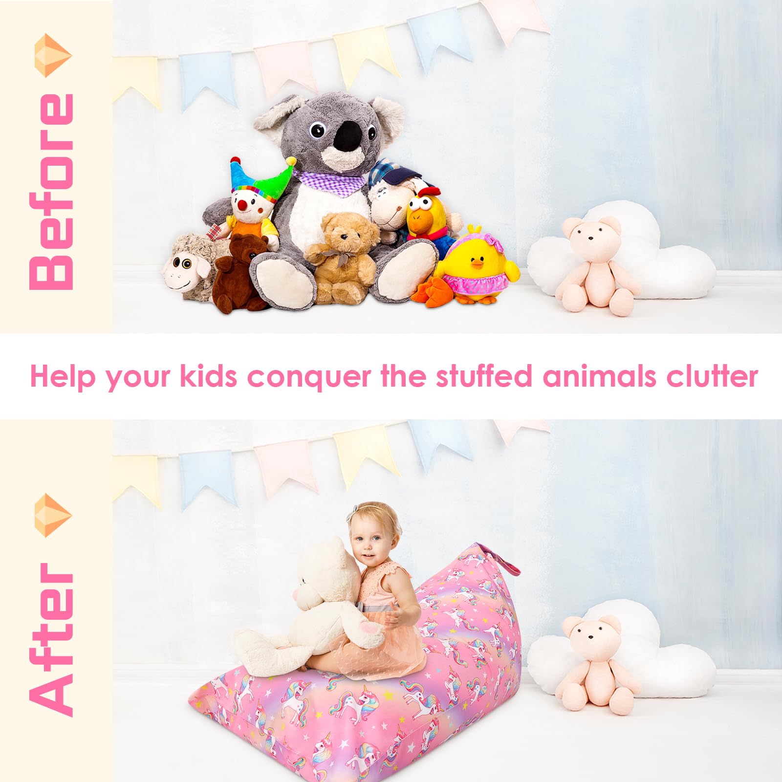 Puf de Almacenamiento de Animales de Peluche con Asa, Bolsa de Frijoles de Peluche para Niños y Adultos de Juguetes, Organizador de Juguetes Extra Grande Plegable (Sin Relleno), Unicornio Degradado