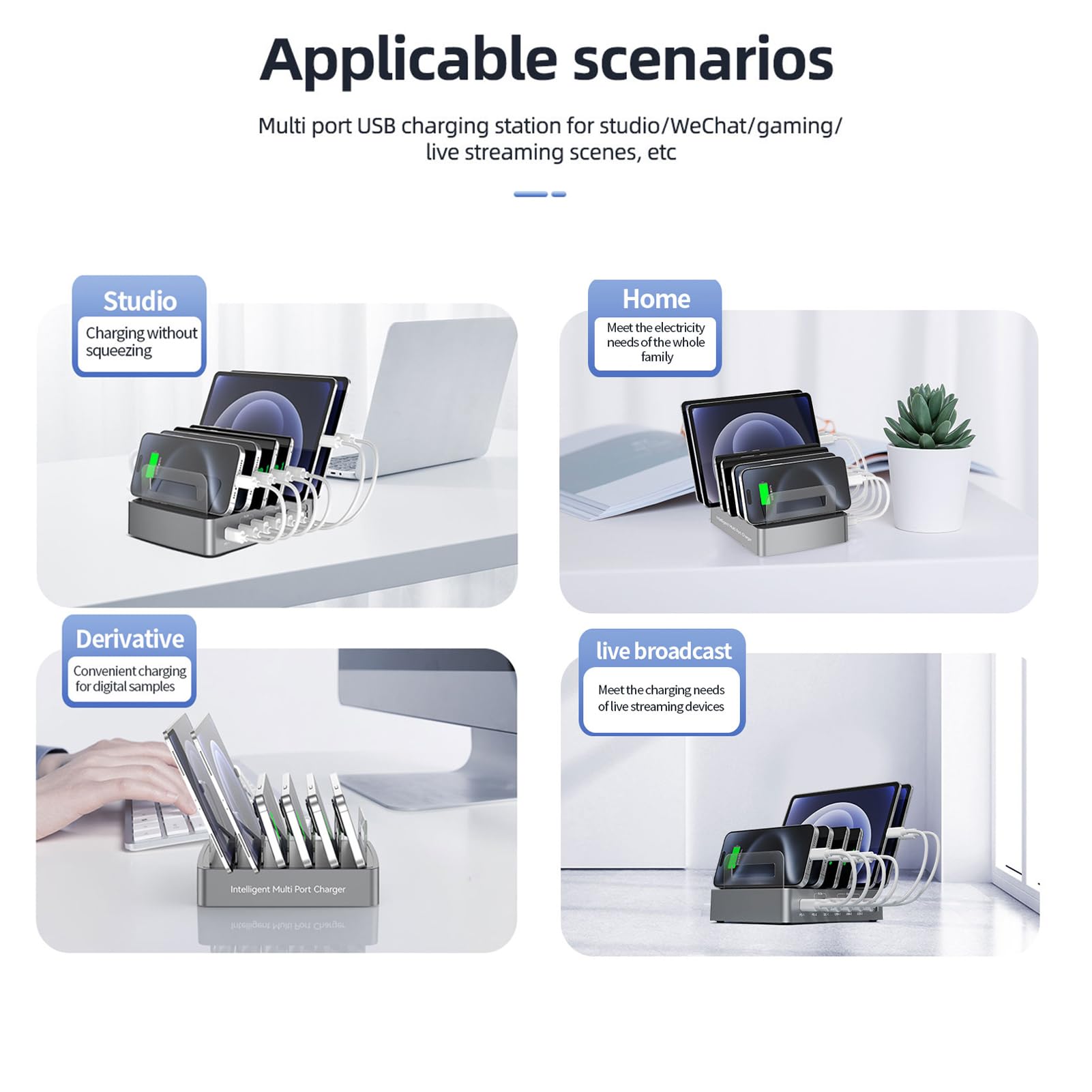 Docooler Estación de carga inteligente de 72 W con 6 puertos, carga USB para múltiples dispositivos, compatible con teléfonos móviles, tabletas y otros dispositivos electrónicos