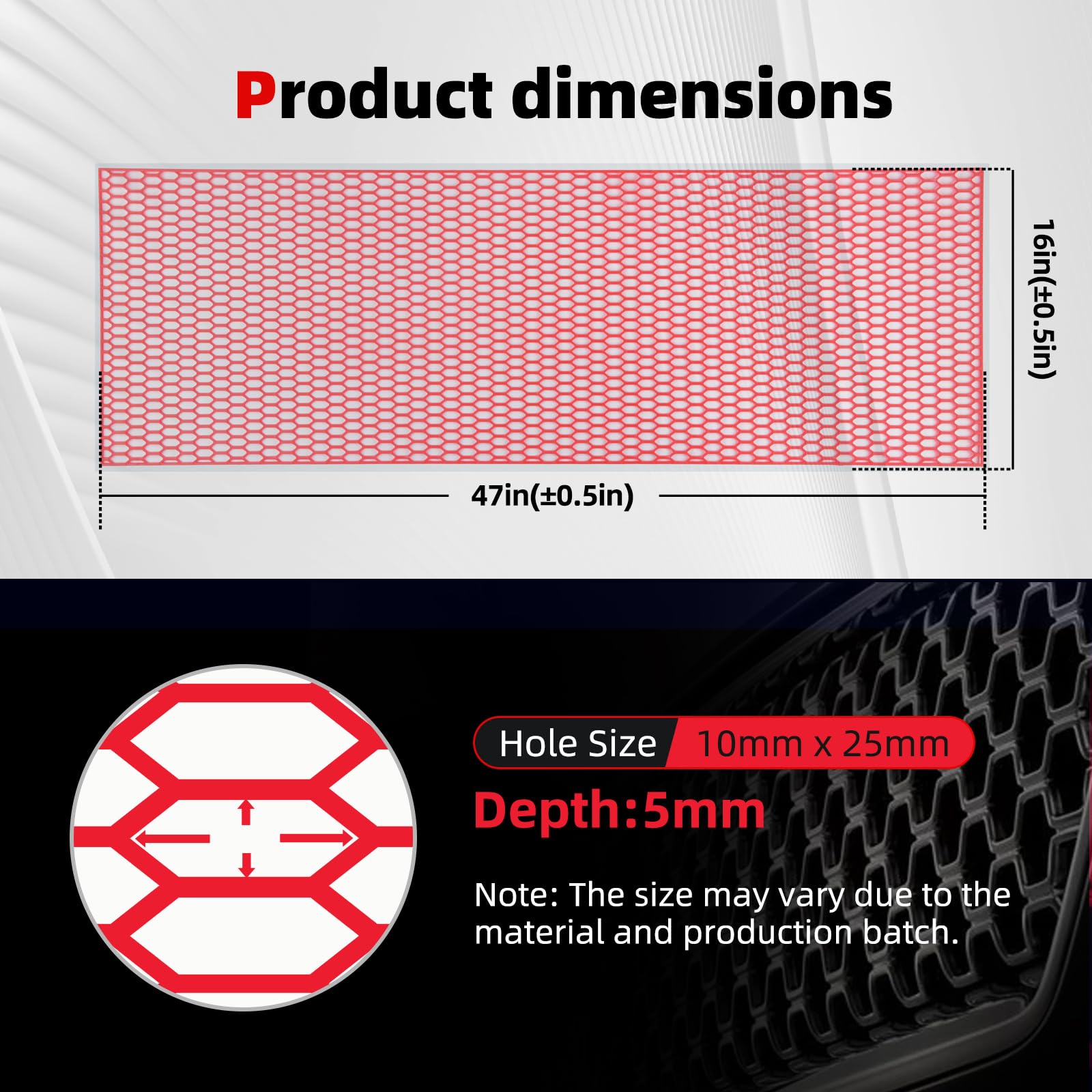 AggAuto Grille universelle en plastique ABS pour pare-chocs de voiture - Trou en nid d'abeille - 119,4 x 40,6 cm - Grilles hexagonales de 10 x 25 mm - Rouge