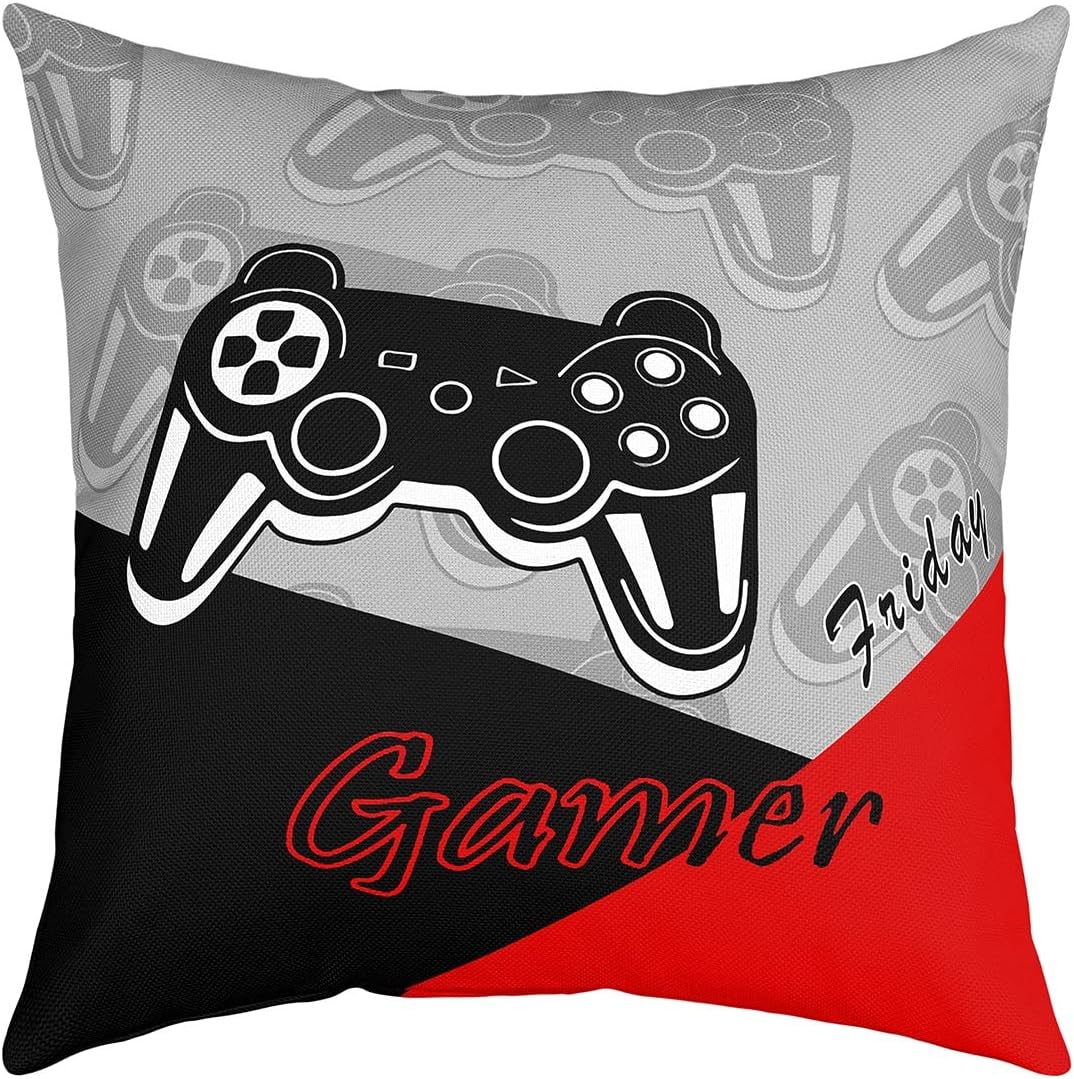 Feelyou Gamer Outdoor Throw Pillow Covers 20"x20" Set of 1 Soft Gaming Gamepad Porch Pillows Cases Cushion Covers for Living Room Grey Red Black Game Room Decor Decor Throw Pillowcases Couch