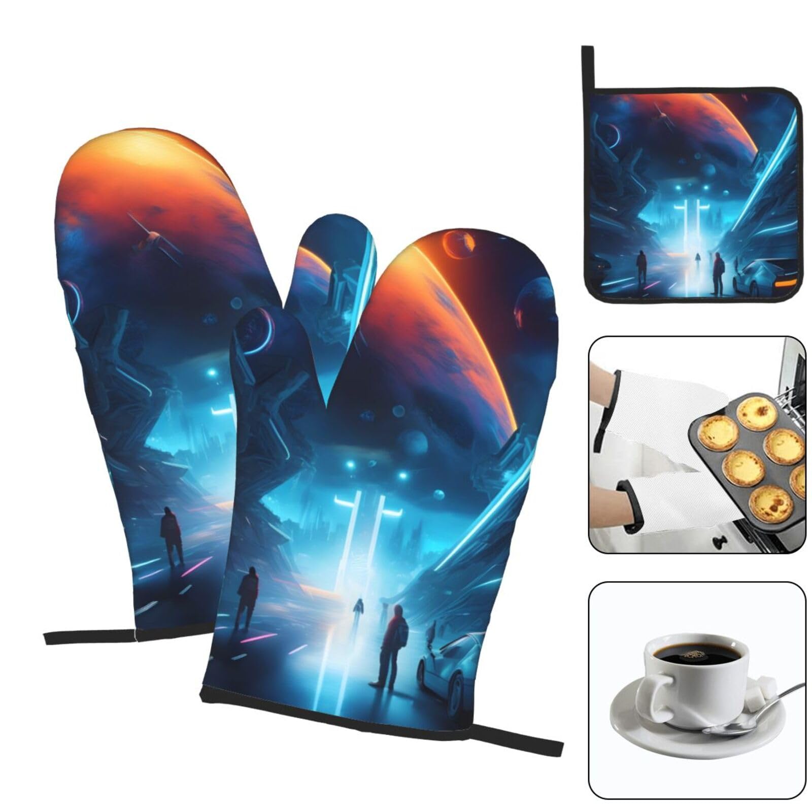 Set Guanti Da Forno 3 Pezzi Blu Scuro – 2 Guanti E 1 Presina, Isolamento Anti-Scotta, Poliestere Comodo, Con Passante Per Appendere, Per Cucina E Griglia